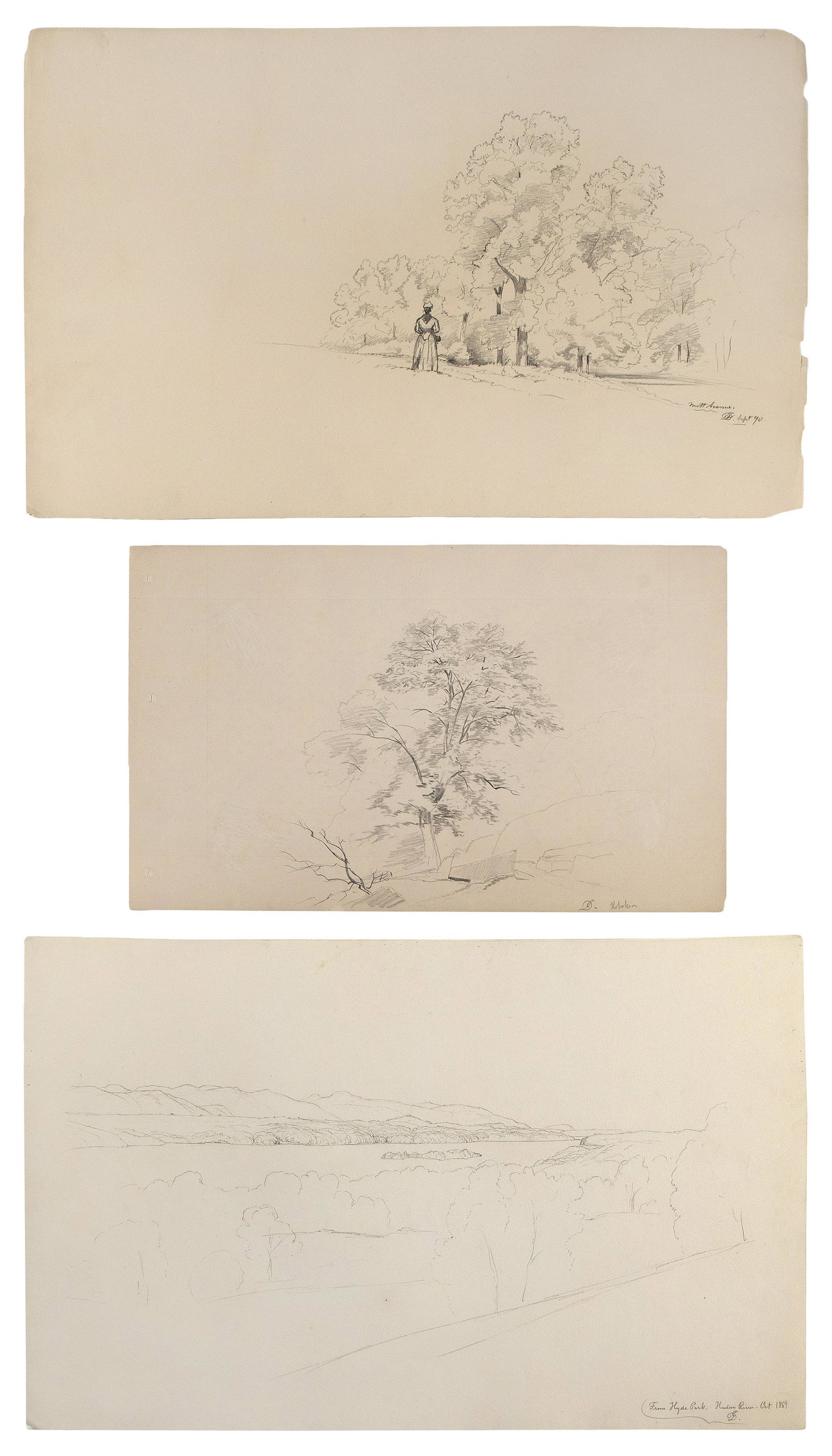 DAVID JOHNSON, New York, 1827-1908: DAVID JOHNSONNew York, 1827-1908Three sketches: “From Hyde Park Hudson River, October 1869”, “Mott Avenue Sept 90”, and “Hoboken”. All signed with artist’s mo