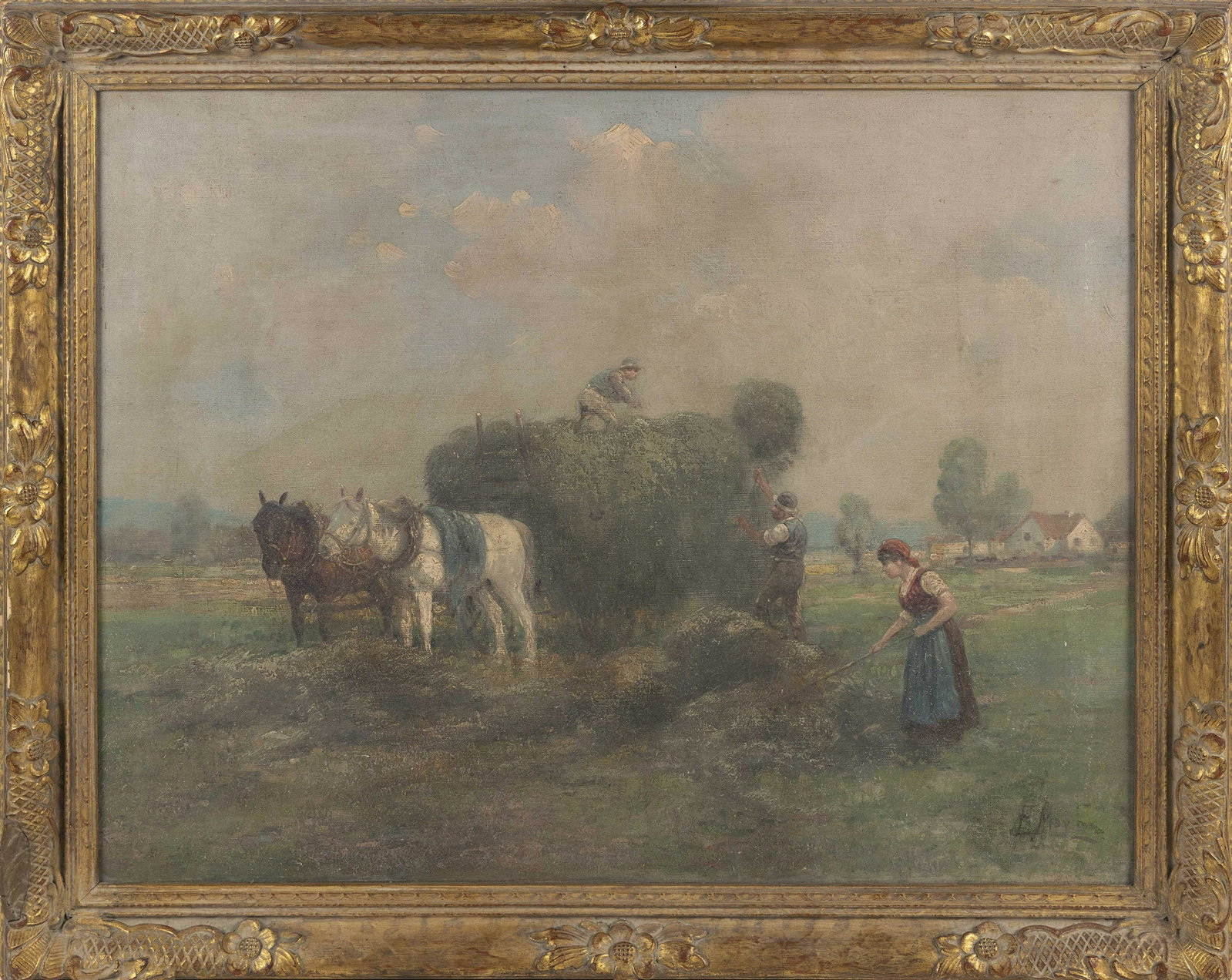 AMERICAN SCHOOL, Late 19th Century: AMERICAN SCHOOL Late 19th Century Haying scene. Signed lower right "F. May". Vose Galleries label verso. Oil on canvas, 24" x 30". Framed 30" x 36".