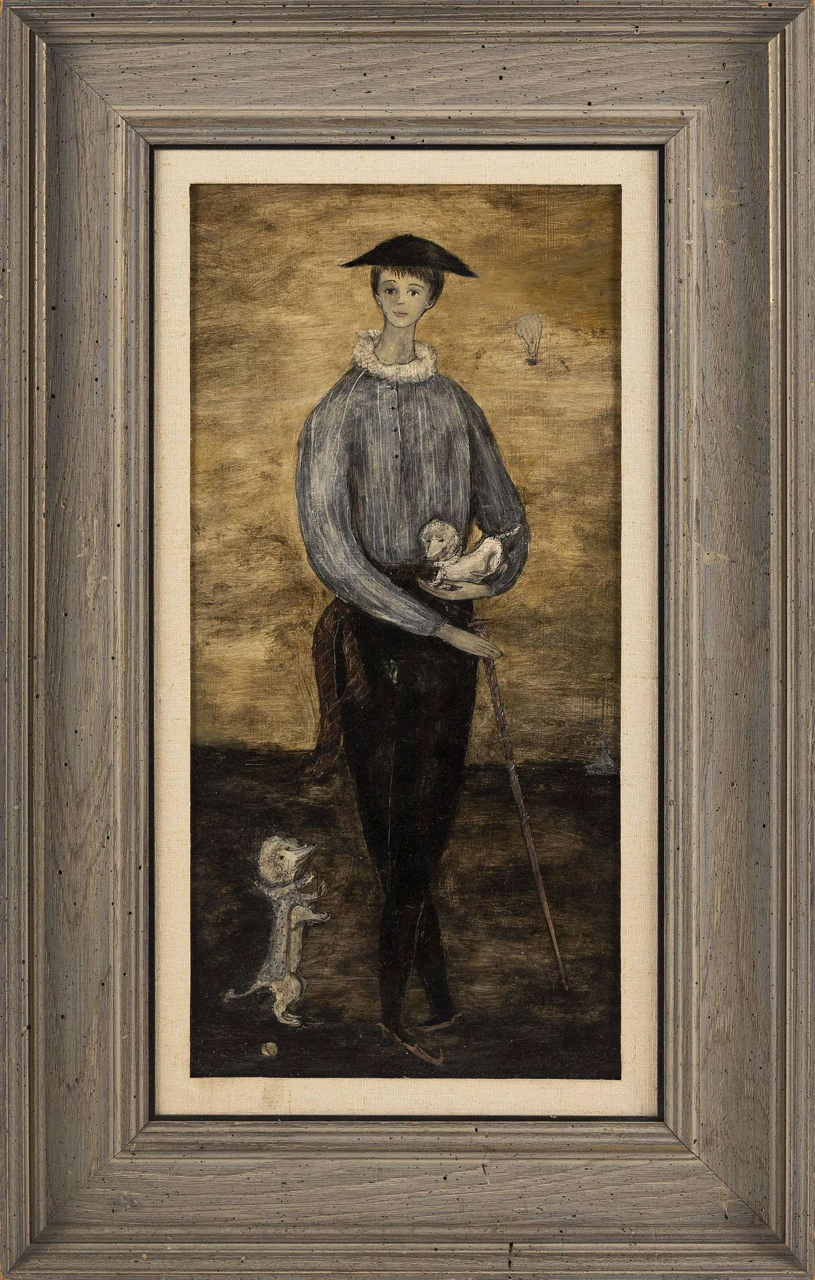CAROL BLANCHARD, New York: CAROL BLANCHARDNew York/Massachusetts, b. 1918Standing figure with two dogs. Signed faintly lower right "Carol Blanchard".Oil on masonite, 24" x 12". Framed 33" x 20.5".