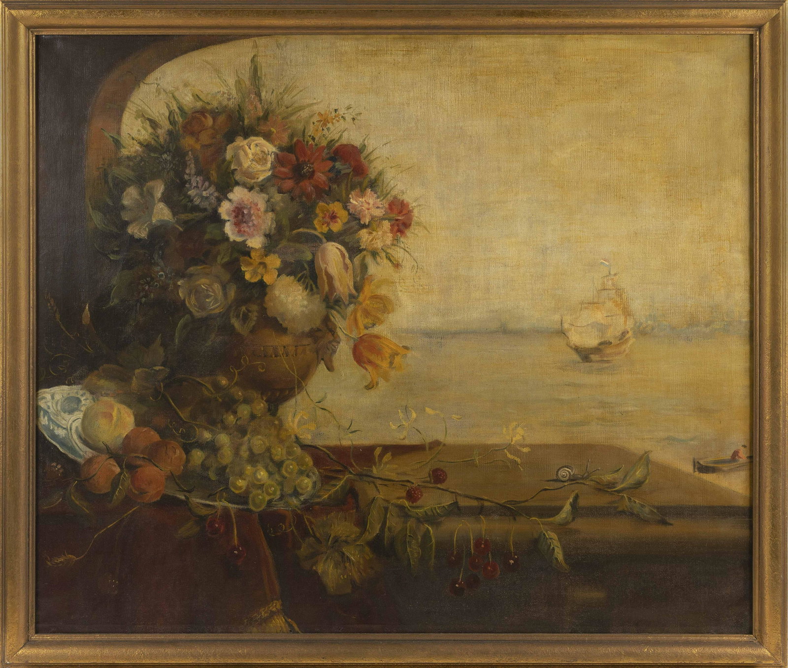 AMERICAN SCHOOL (Early 20th Century,), Still life of: AMERICAN SCHOOL Early 20th Century Still life of fruit and an urn of flowers overlooking a harbor. Possibly signed lower right. Oil on canvas, 36” x 42”. Framed 39.75” x 45.75”