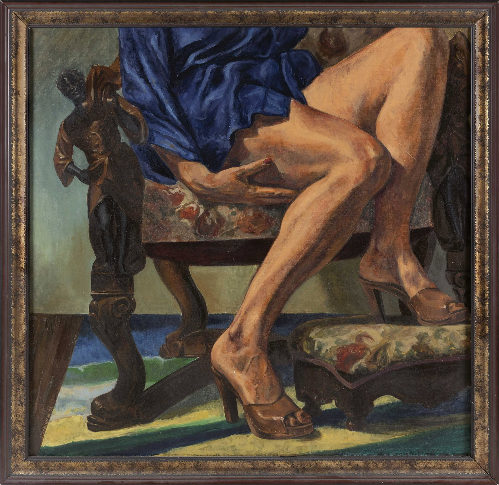 AMERICAN SCHOOL (Late 20th Century,), Close-up view of: AMERICAN SCHOOL Late 20th Century Close-up view of a seated woman's legs. Signed lower left "Moynahan". Oil on canvas, 36" x 36". Framed 40" x 40".