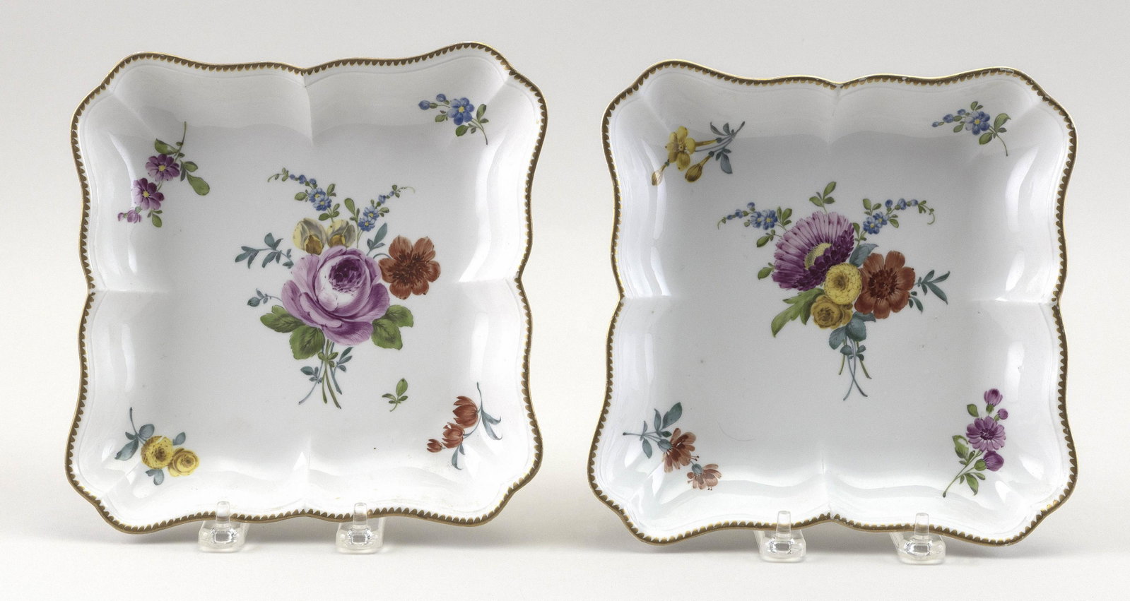PAIR OF WILLIAM COOKWORTHY PLYMOUTH PORCELAIN DISHES: PAIR OF WILLIAM COOKWORTHY PLYMOUTH PORCELAIN DISHES England, Circa 1770 Square, with molded edges and hand-painted flowers. Underglaze blue crossed swords mark with a pendant “4”. Lengths