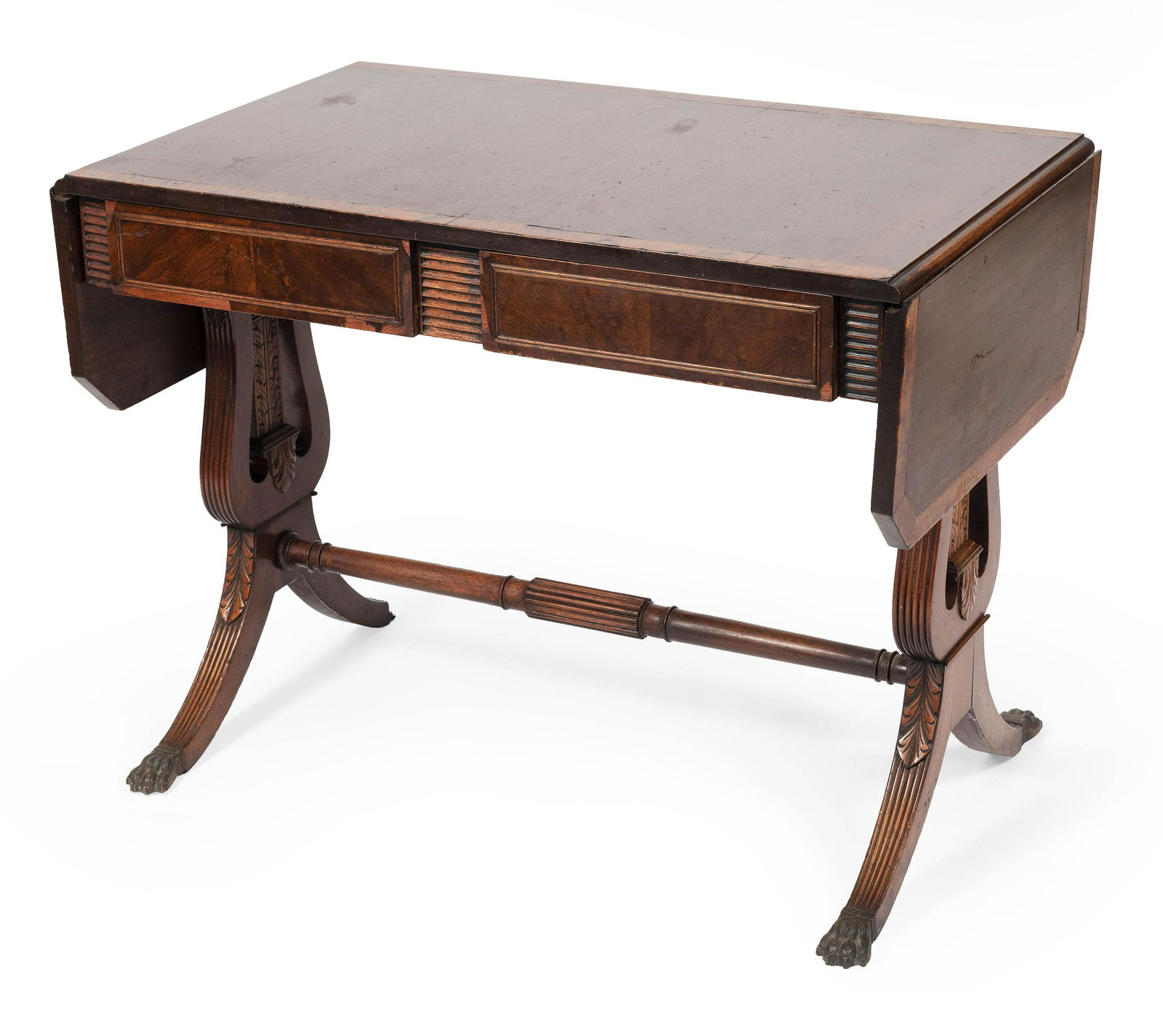 DUNCAN PHYFE-STYLE LIBRARY TABLE 20th Century Height: DUNCAN PHYFE-STYLE LIBRARY TABLE20th CenturyIn walnut and walnut veneer. Two drawers in apron. Brass-capped paw feet.Height 30”. Width 38" plus two 11" drop leaves. Depth 24”.