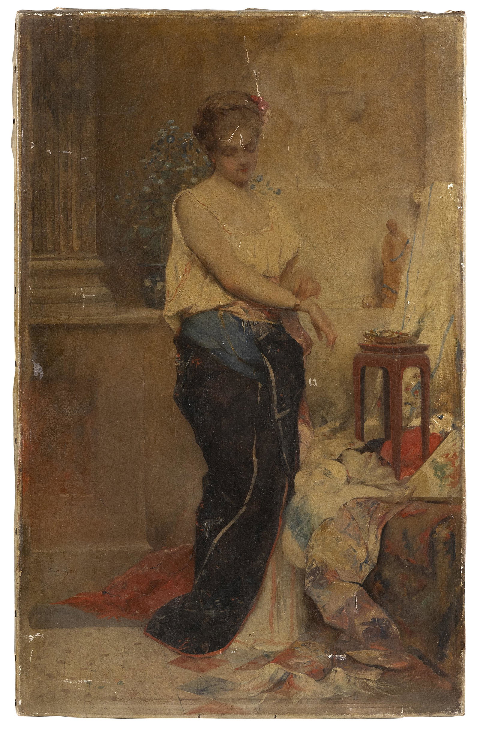 ÉMILE AUGUSTE PINCHART (France, 1842-1920),: Ã‰MILE AUGUSTE PINCHART France, 1842-1920 Interior scene with a standing woman in contemplative pose. Signed and dated lower left "Pinchart 74". Oil on canvas, 24" x 15.75". Unframed.