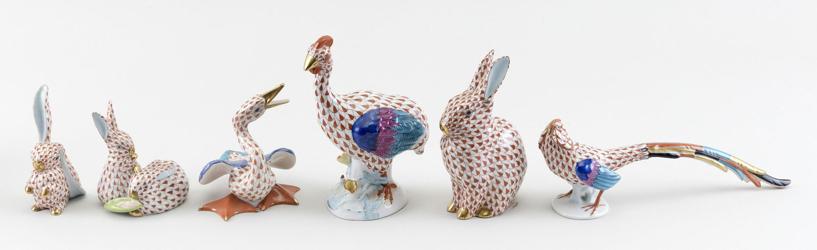 SIX HEREND RUST FISHNET PORCELAIN ANIMAL FIGURES (1 of 1)