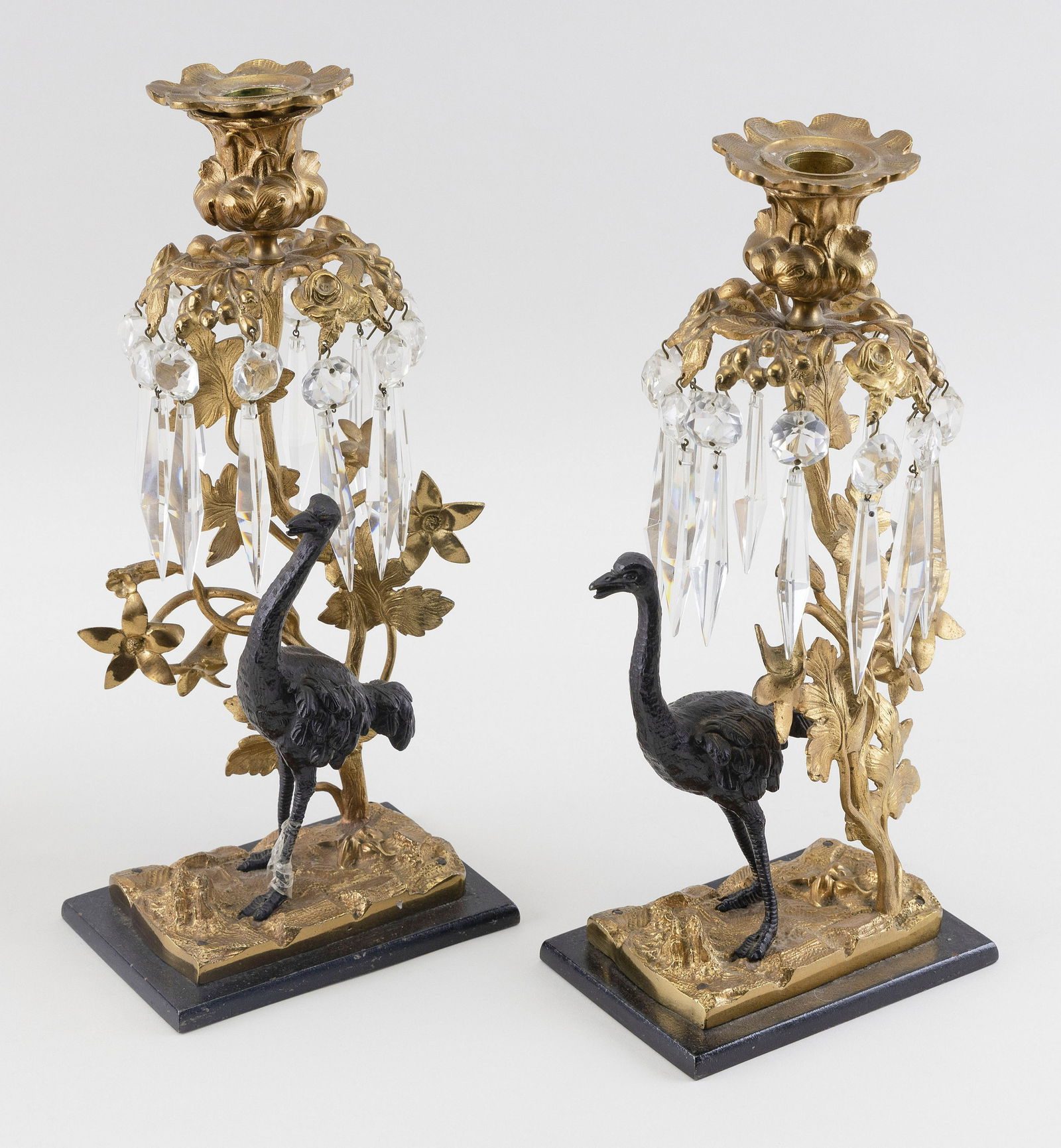 PAIR OF PARCEL GILT-BRONZE OSTRICH CANDLESTICKS (1 of 1)