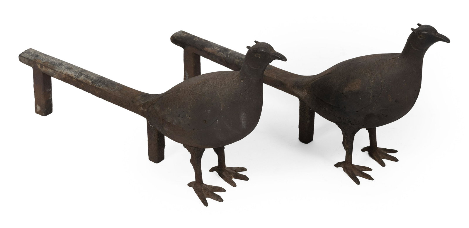 CAST IRON PHEASANT ANDIRONS First Half of the 20th: CAST IRON PHEASANT ANDIRONS First Half of the 20th Century Heights 13.5”. Depths 27”.