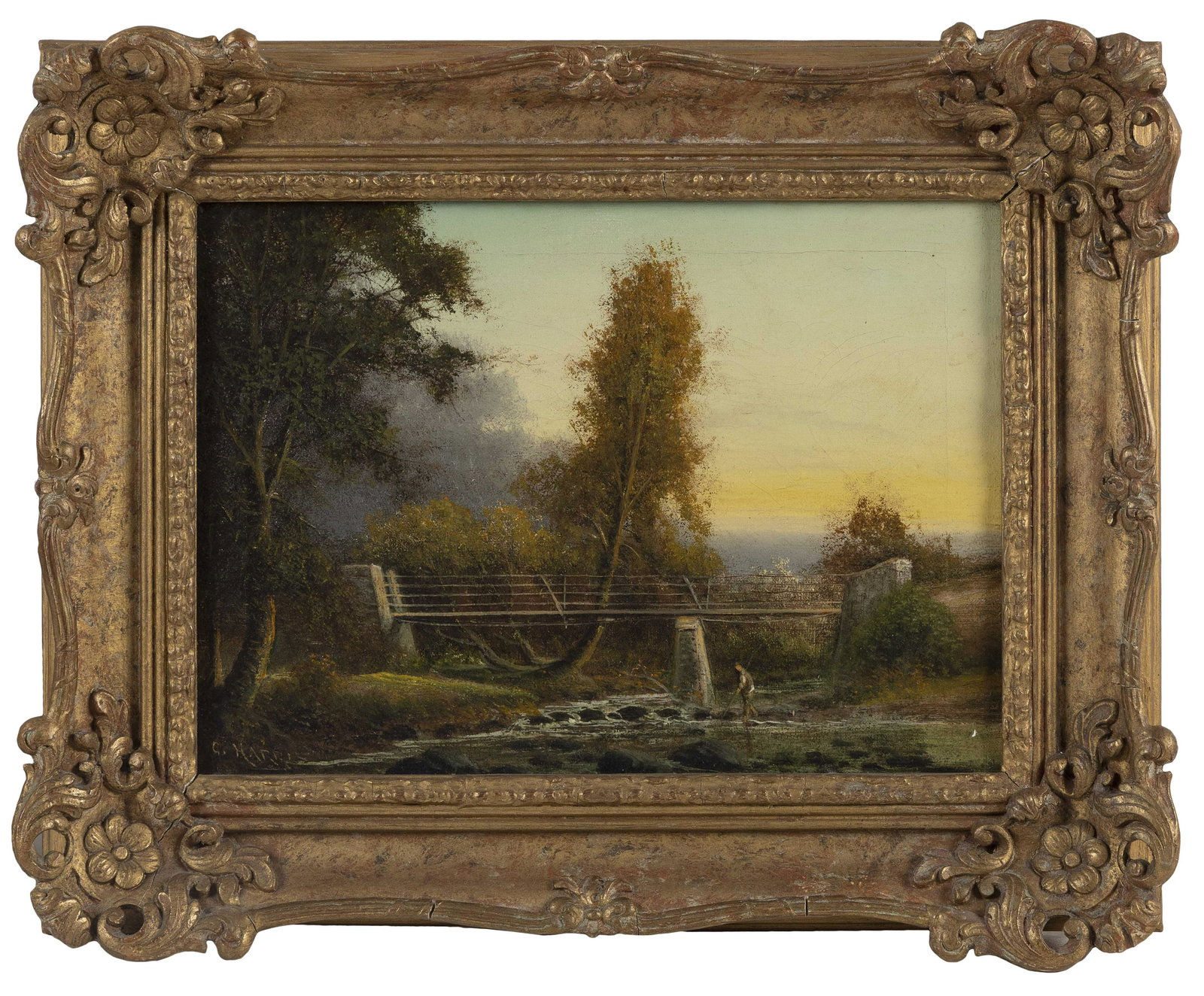 AMERICAN SCHOOL (Early 20th Century,), A figure under a: AMERICAN SCHOOL Early 20th Century A figure under a bridge. Signed lower left "C. Harris". Oil on canvas, 10" x 14". Framed 15" x 19".