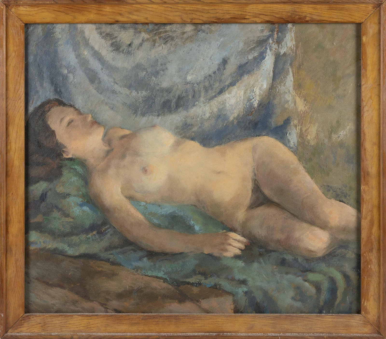 AMERICAN SCHOOL (20th Century,), A recumbent nude., Oil: AMERICAN SCHOOL 20th Century A recumbent nude. Unsigned. Marked verso "Hasch". Oil on masonite, 26" x 30.25". Framed.