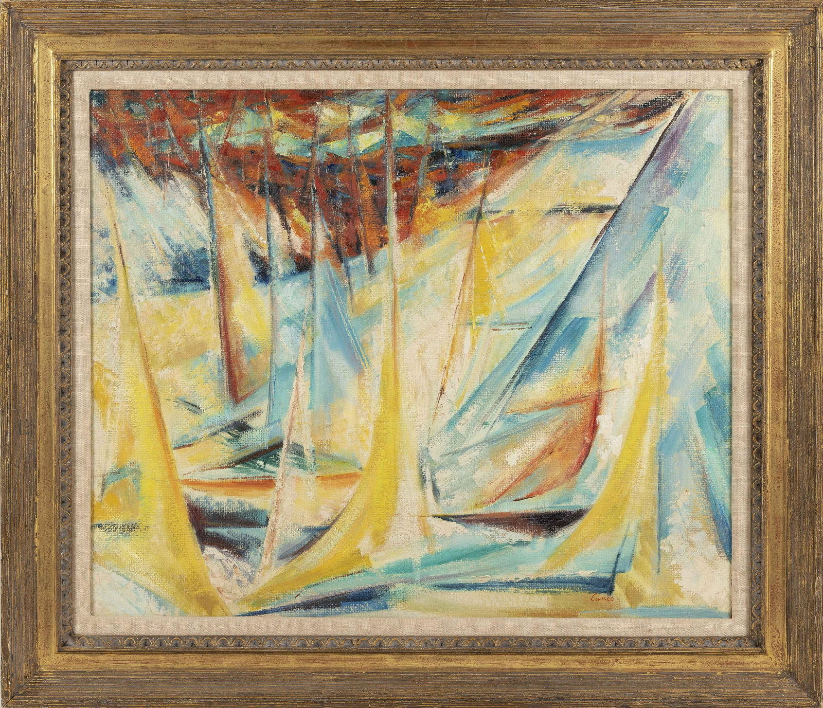 GEORGE HUMBERT CUNEO (Maryland/New Jersey, 1898-1991),: GEORGE HUMBERT CUNEOMaryland/New Jersey, 1898-1991"Boats". Signed lower right "Cuneo". Titled verso. Housed in a labeled House of Heydenryk frame.Oil on board, 24.5" x 30"