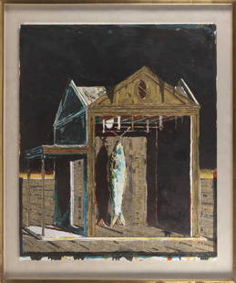 TOM NAKASHIMA (America, b. 1941), “After Giotto:: TOM NAKASHIMA America, b. 1941 “After Giotto: Sanctuary”. Signed and dated lower right “Tom Nakashima 1994”. Titled lower center. Collage on paper, 35” x 30”.