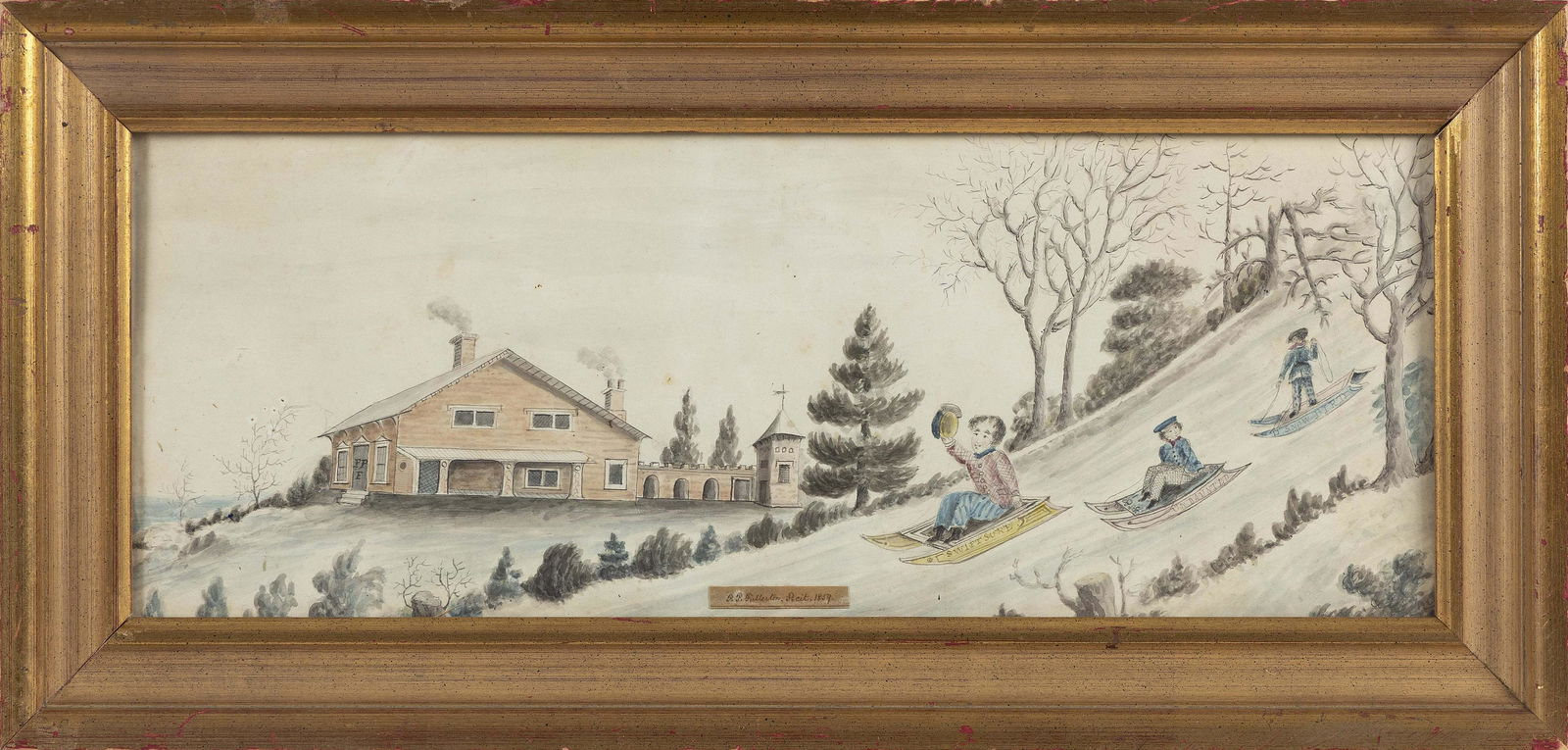 FOLK ART WATERCOLOR OF A SLEDDING SCENE Dated 1859 On (1 of 2)