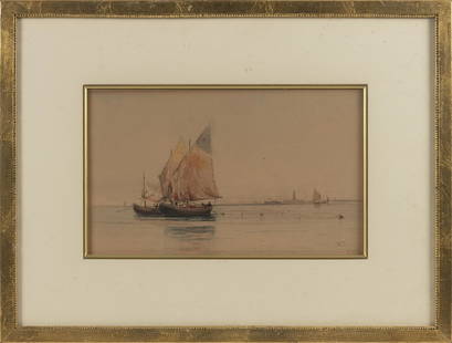 PROSPER LOUIS SENAT (Pennsylvania/California/Maine,: PROSPER LOUIS SENATPennsylvania/California/Maine, 1852-1925Venetian boats. Signed lower left "P. Senat".Watercolor on paper, 9" x 15" sight. Framed 18.5" x 24.5".