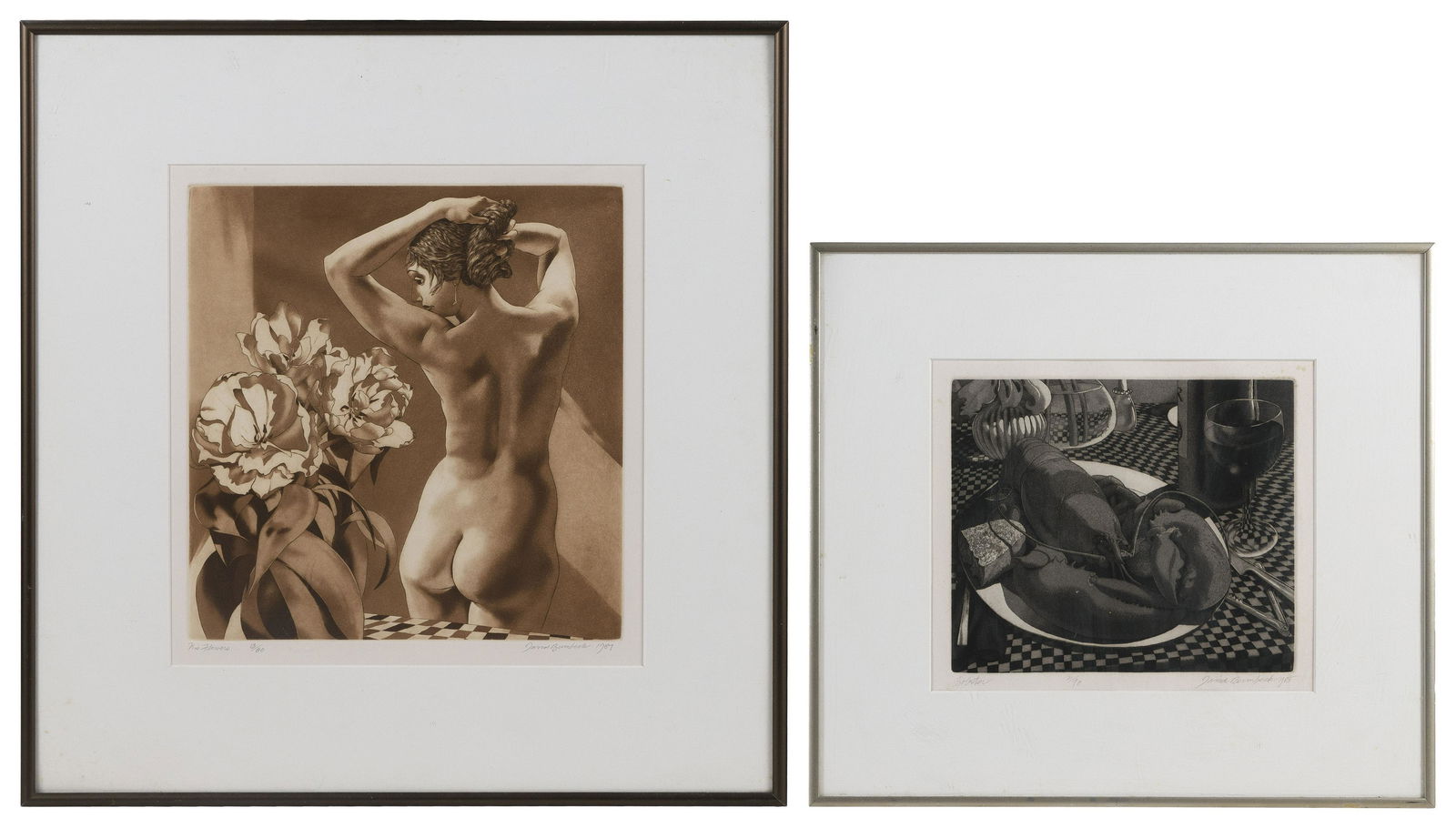 DAVID BUMBECK (Vermont/Massachusetts, b. 1940), Two: DAVID BUMBECKVermont/Massachusetts, b. 1940Two etchings: 1) Nude with flowers. Signed lower right "David Bumbeck".2) Lobster. Edition 2/90. Signed and dated lower right "David Bumbeck 1
