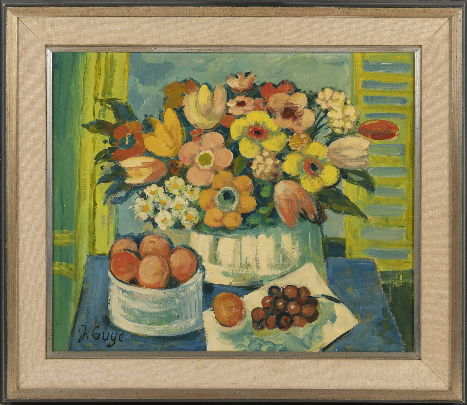 AMERICAN SCHOOL (Mid-20th Century,), Still life of: AMERICAN SCHOOL Mid-20th Century Still life of fruit and an urn of flowers. Signed lower left "J. Guye". Oil on canvas, 20" x 24". Framed 26.5" x 30.5".