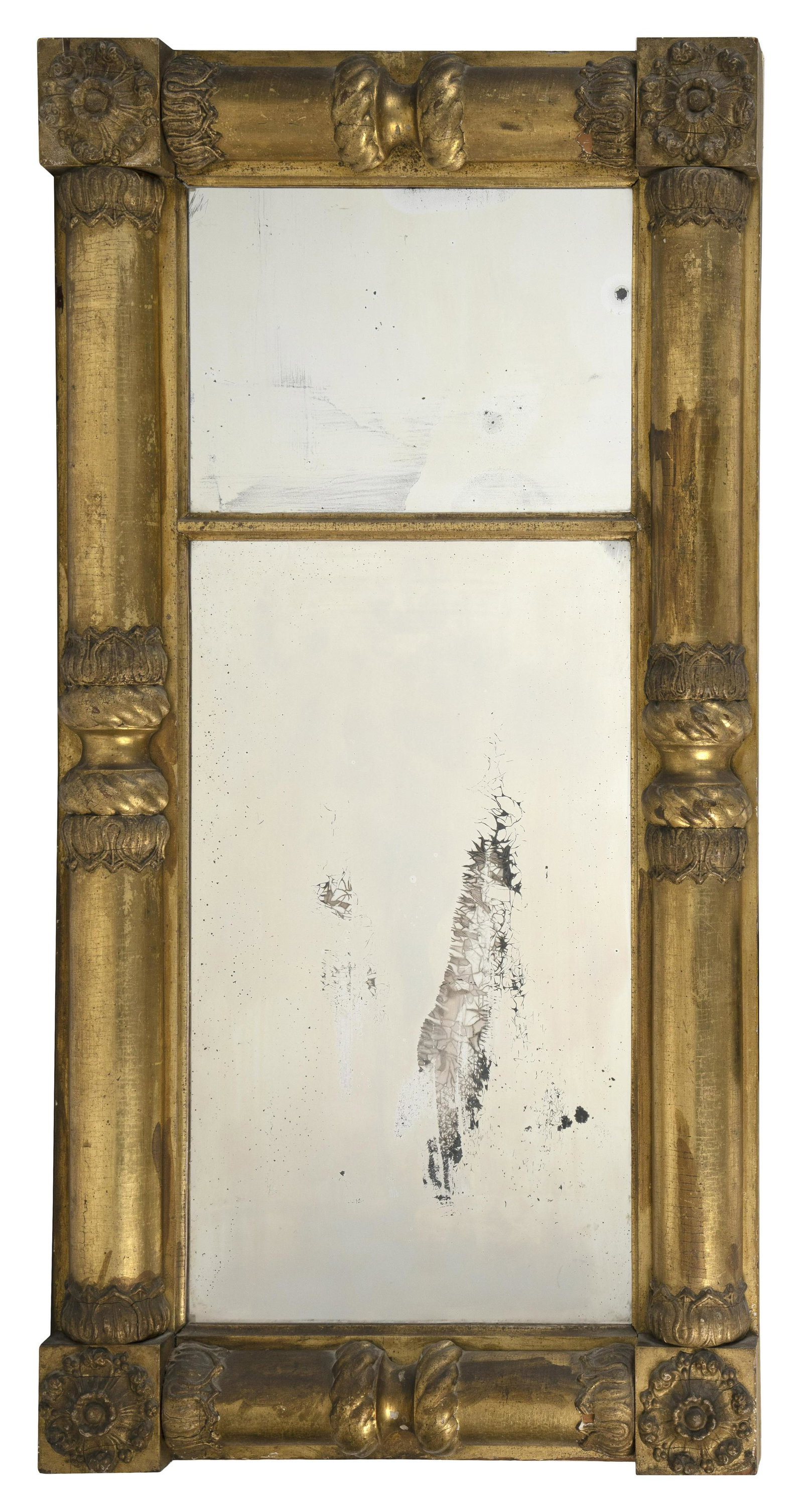 FEDERAL GILT HALF-COLUMN MIRROR Circa 1825 Height: FEDERAL GILT HALF-COLUMN MIRROR Circa 1825 Gesso rope and foliate moldings and foliate rosettes at corners. Height 42.25". Width 21.5".