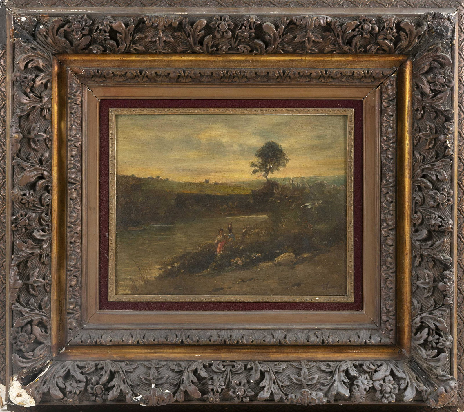 CONTINENTAL SCHOOL (19th Century,), Figures by the: CONTINENTAL SCHOOL 19th Century Figures by the river's edge. Signed lower right "Thomas". Oil on panel, 13.75" x 17". Framed 25” x 28”.