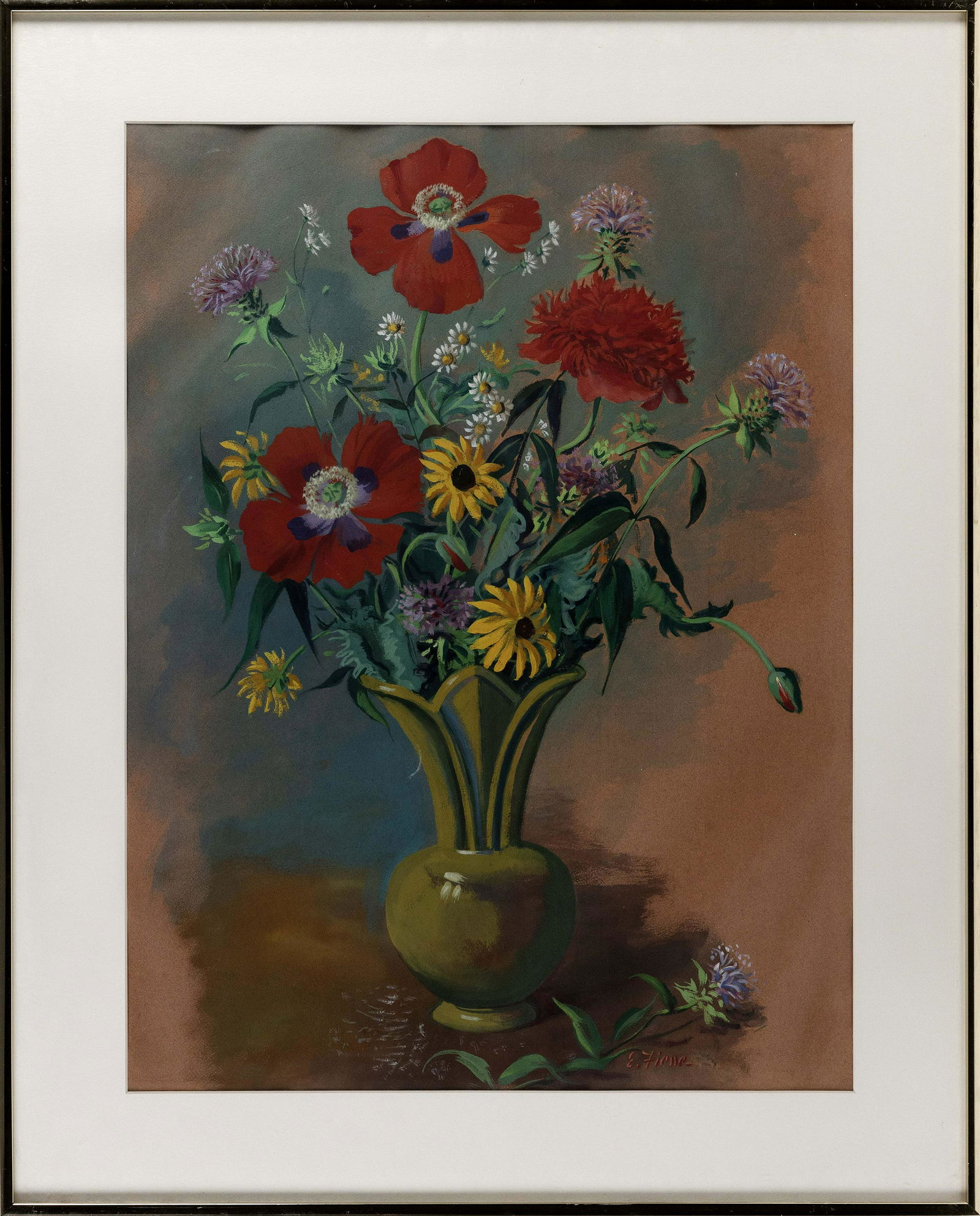 ERNEST FIENE (New York/Germany, 1894-1965), Still life: ERNEST FIENENew York/Germany, 1894-1965Still life of poppies, black-eyed Susans and dahlia in a vase. Signed lower right "E. Fiene".Opaque watercolor on paper, 25.5" x 19". Framed