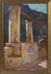 AUGUST ACHTENHAGEN (Germany, 1865-1938), Terrazzo,: AUGUST ACHTENHAGENGermany, 1865-1938Terrazzo, circa 1890. Signed lower left.Oil on canvas board, 16” x 10.5”. Framed 17.5” x 11.75”.