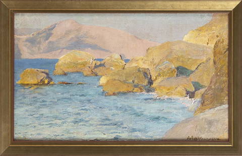AUGUST ACHTENHAGEN (Germany, 1865-1938), Sicilian: AUGUST ACHTENHAGENGermany, 1865-1938Sicilian shoreline. Signed lower right.Oil on canvas board, 8.25” x 13.75”. Framed 9.5” x 15.25”.