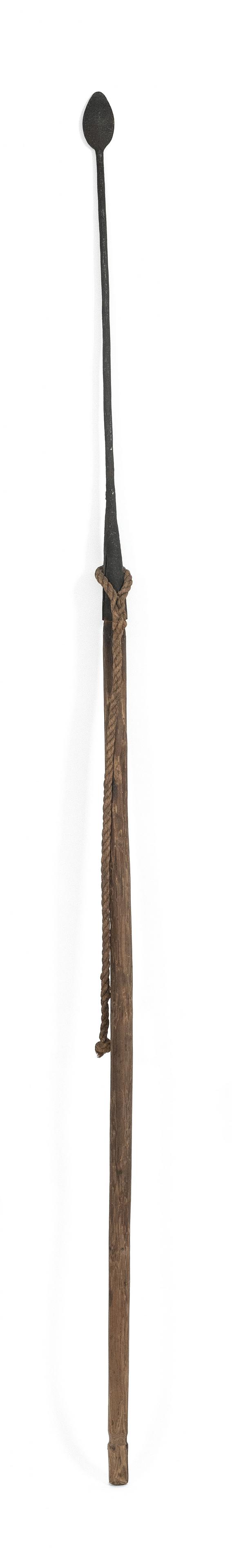 WROUGHT IRON LANCE 19th Century Length 82".: WROUGHT IRON LANCE 19th Century Unmarked. Possibly Azorean. On original hardwood pole. Retains length of old manila rope. Length 82".