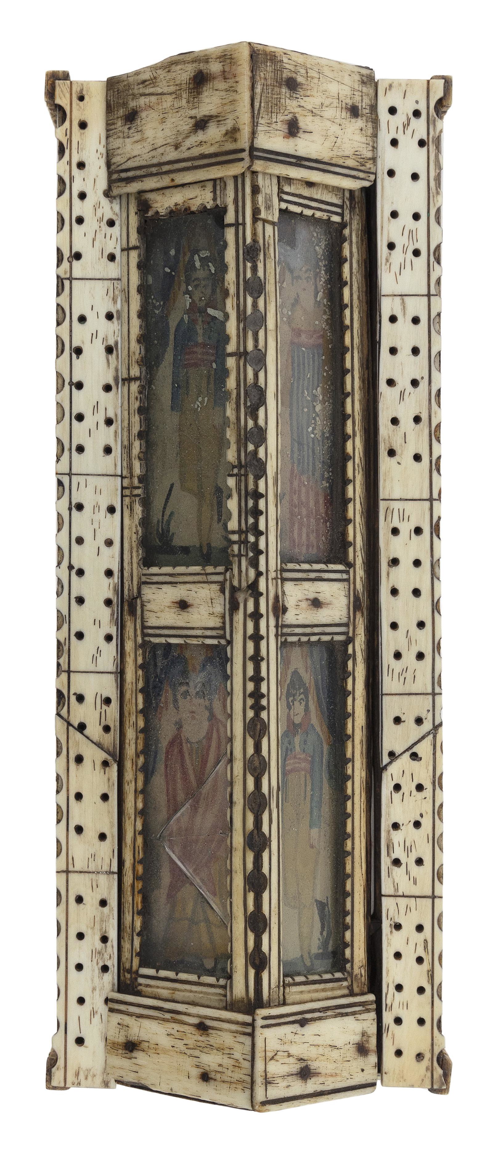 NAPOLEONIC PRISONER-OF-WAR CARVED AND PAINTED BONE GAME: NAPOLEONIC PRISONER-OF-WAR CARVED AND PAINTED BONE GAME BOX Early 19th Century Sliding cover inset with watercolor portraits of standing figures. Contains bone dominoes and dice. Length 6”. Prov