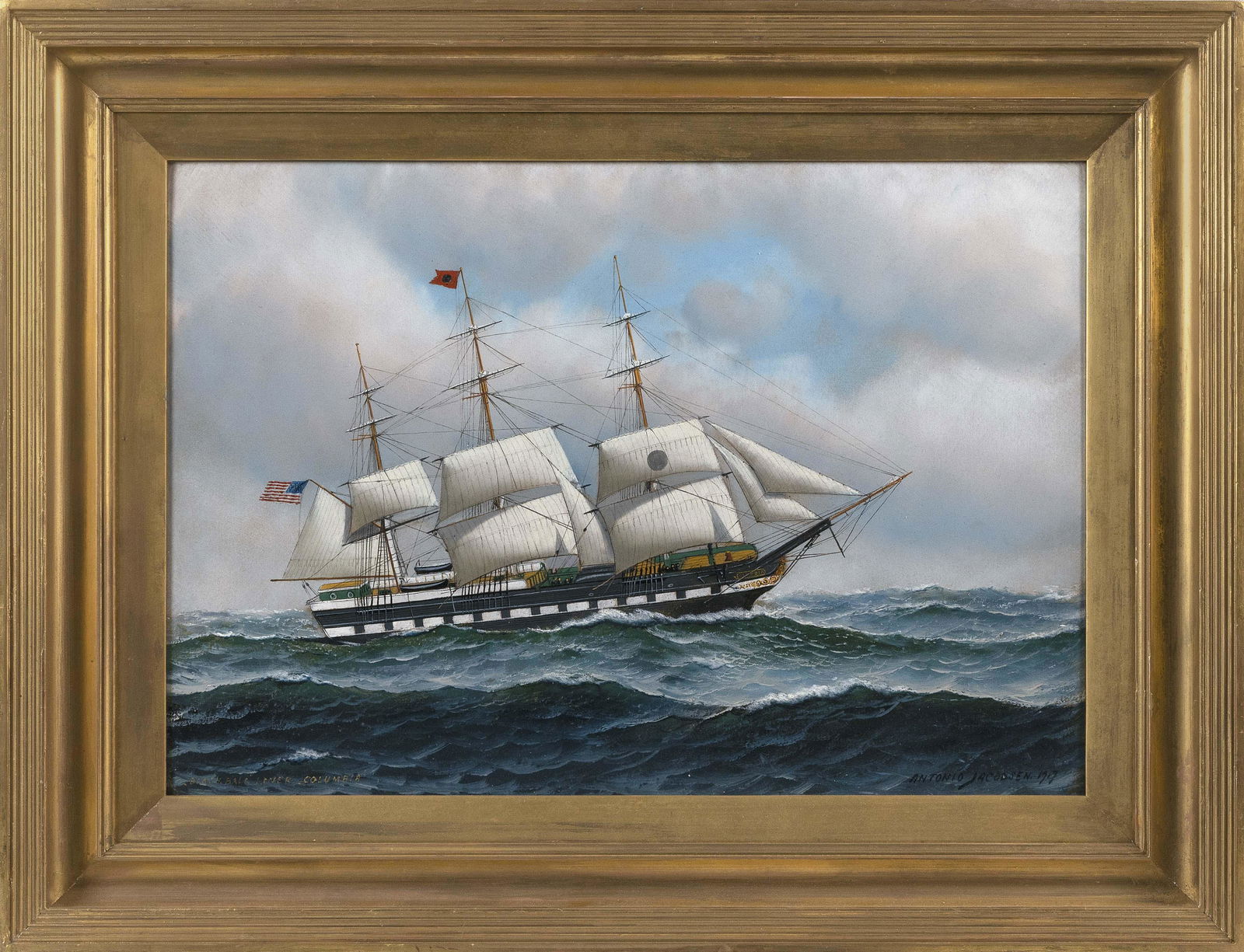 ANTONIO NICOLO GASPARO JACOBSEN (New York/New: ANTONIO NICOLO GASPARO JACOBSENNew York/New Jersey/Denmark, 1850-1921"Black Ball Liner Columbia". Signed and dated lower right “Antonio Jacobsen 1917”. Titled lower left.Oil on b