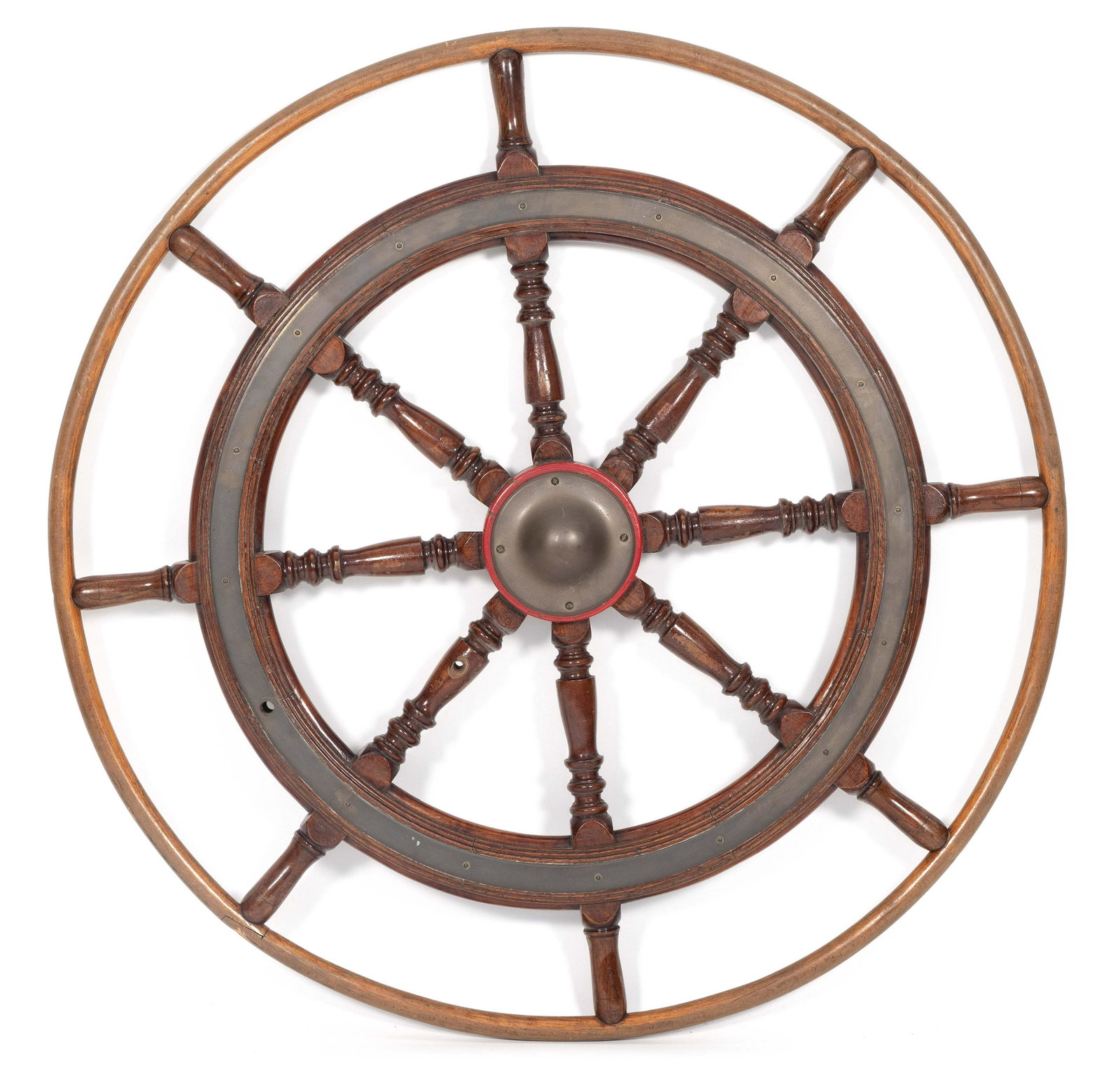 EIGHT-SPOKE SHIP’S WHEEL Early 20th Century: EIGHT-SPOKE SHIPâ€™S WHEEL Early 20th Century Cast iron hub. Exterior ring with brass trim. Diameter 50”.