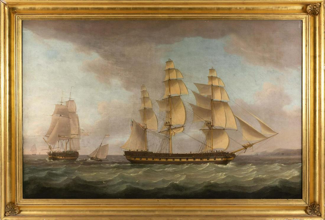 THOMAS WHITCOMBE (United Kingdom, 1752-1824), The: THOMAS WHITCOMBEUnited Kingdom, 1752-1824The 44-gun frigate Medina in two positions, circa 1810. Oil on canvas, 39" x 60.25". Framed 45.75" x 67". Provenance:Jack Partridge, Edgecombe, Maine.Purch