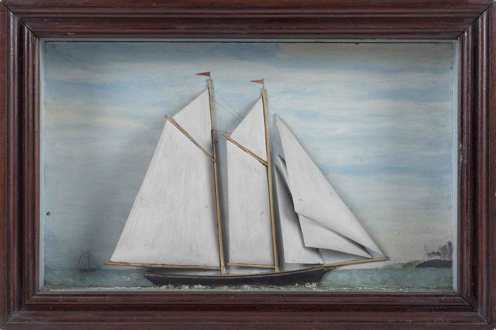 SHADOW BOX MODEL OF A SCHOONER Early 20th Century: SHADOW BOX MODEL OF A SCHOONER Early 20th Century Height 13.5". Width 20.5". Depth 3.5".