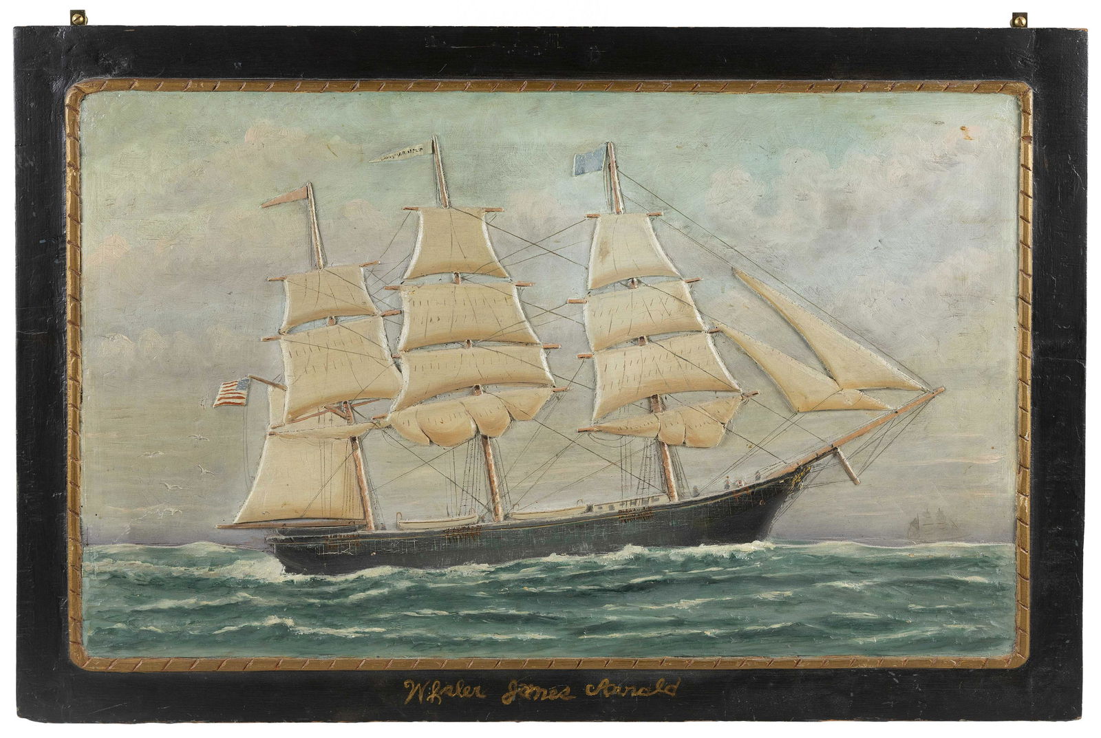 RELIEF-CARVED AND PAINTED WOOD PANEL "WHALER JAMES (1 of 2)