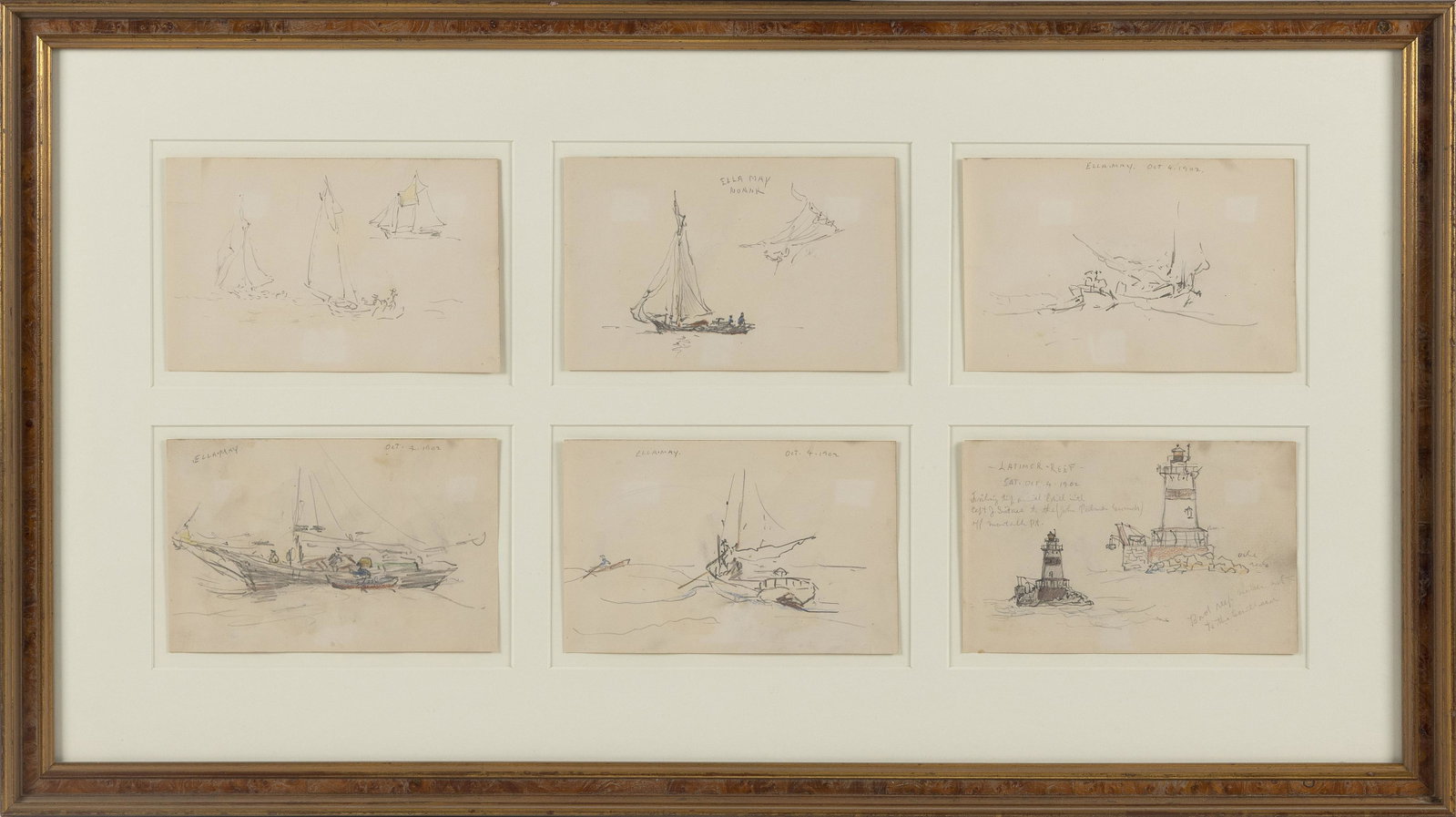 SIX MARITIME SKETCHES Early 20th Century Mixed medias: SIX MARITIME SKETCHES Early 20th Century Unsigned. Housed together in a single frame. Mixed medias on paper, each approx. 5” x 7”. Framed 18.75” x 33.5”. Provenance: Quester Ga