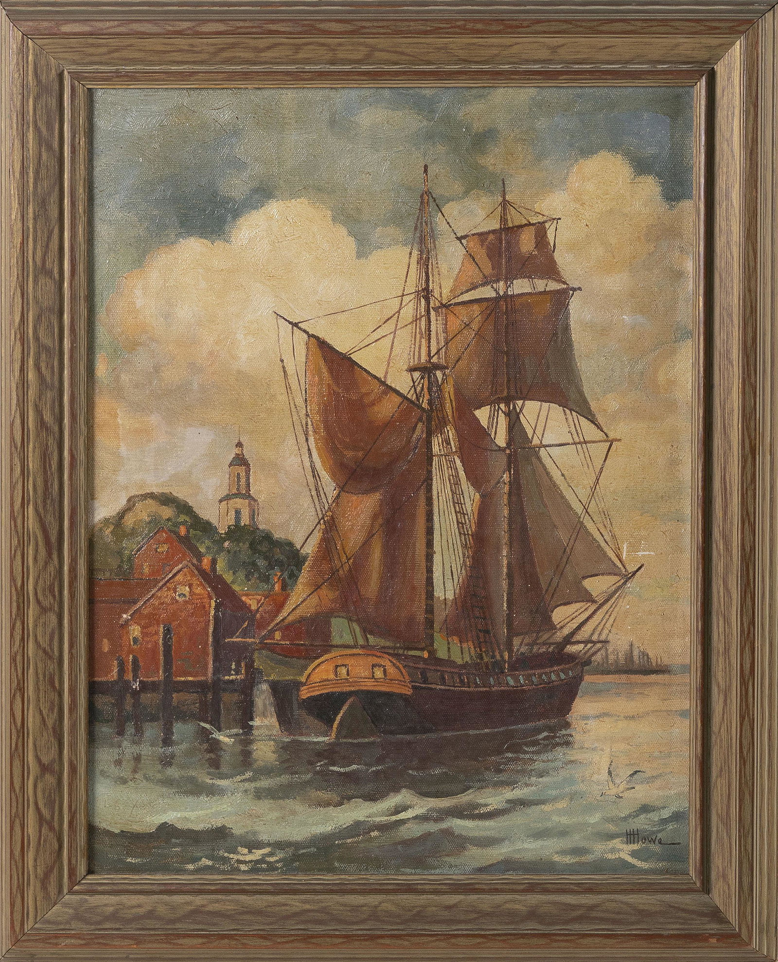 HARRY HAMBRO HOWE (Massachusetts/Maine, 1886-1968),: HARRY HAMBRO HOWE Massachusetts/Maine 1886-1968 Ship in a harbor. Signed lower right "H. Howe". Oil on canvas, 18" x 14". Framed 22" x 18".
