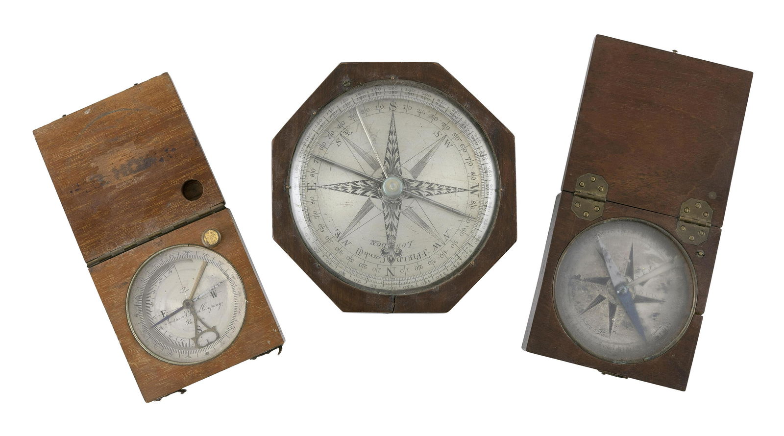THREE MAHOGANY-CASED COMPASSES 19th Century Case widths (1 of 2)