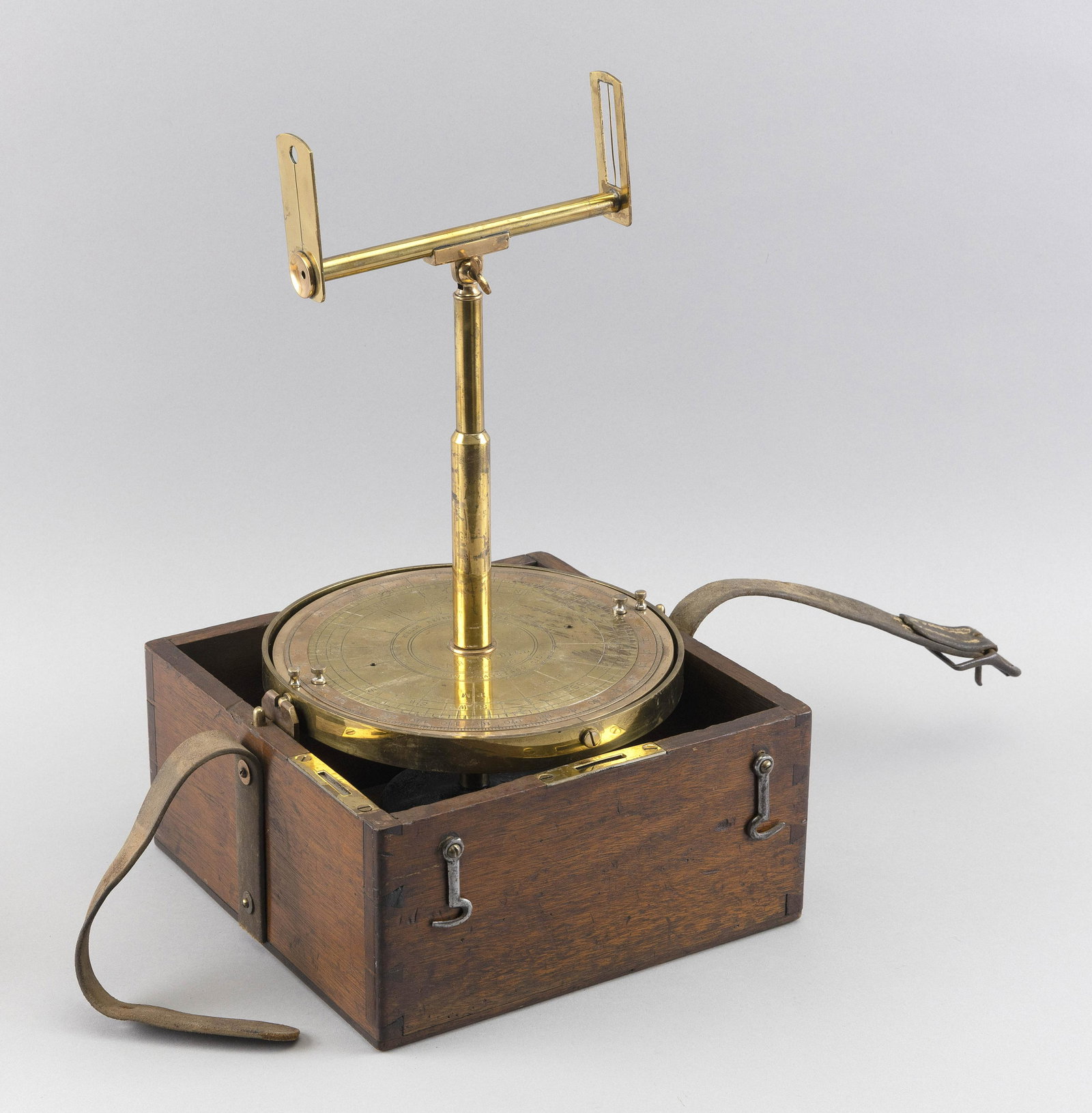 GIMBALED AZIMUTH FINDER America, Circa 1899 Height: GIMBALED AZIMUTH FINDER America, Circa 1899 Signed and marked on the dial "Field's Reversible Dial Arrow Dial Pat July 11-99/ San Francisco, CAL.", above and below the center hub. Outer ring divided t