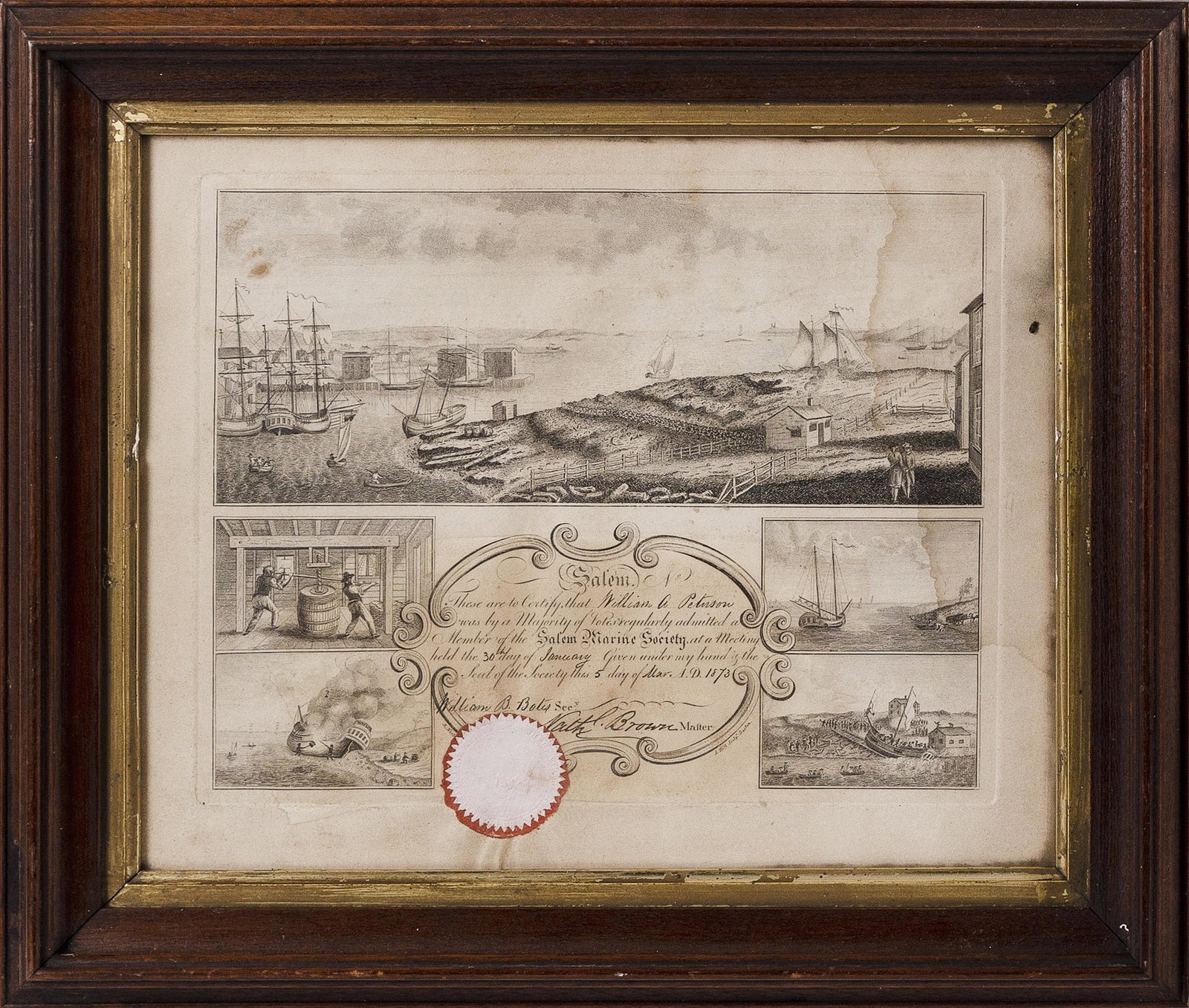 SALEM MARINE SOCIETY CERTIFICATE Engraving on paper,: SALEM MARINE SOCIETY CERTIFICATE "These are to certify that William A. Peterson was by a Majority of Votes regularly admitted a Member of the Salem Marine Society ...". Dated March 5, 1873. Engraving 