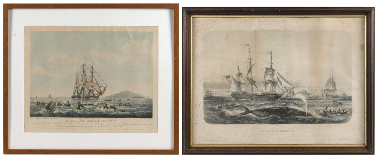 TWO WHALING PRINTS: TWO WHALING PRINTS 1) South Sea Whale Fishery. Restrike. Framed 24.75” x 28.25”. 2) “Peche A La Baleine”. Last Half of the 19th Century. Framed 23.75” x 31”.
