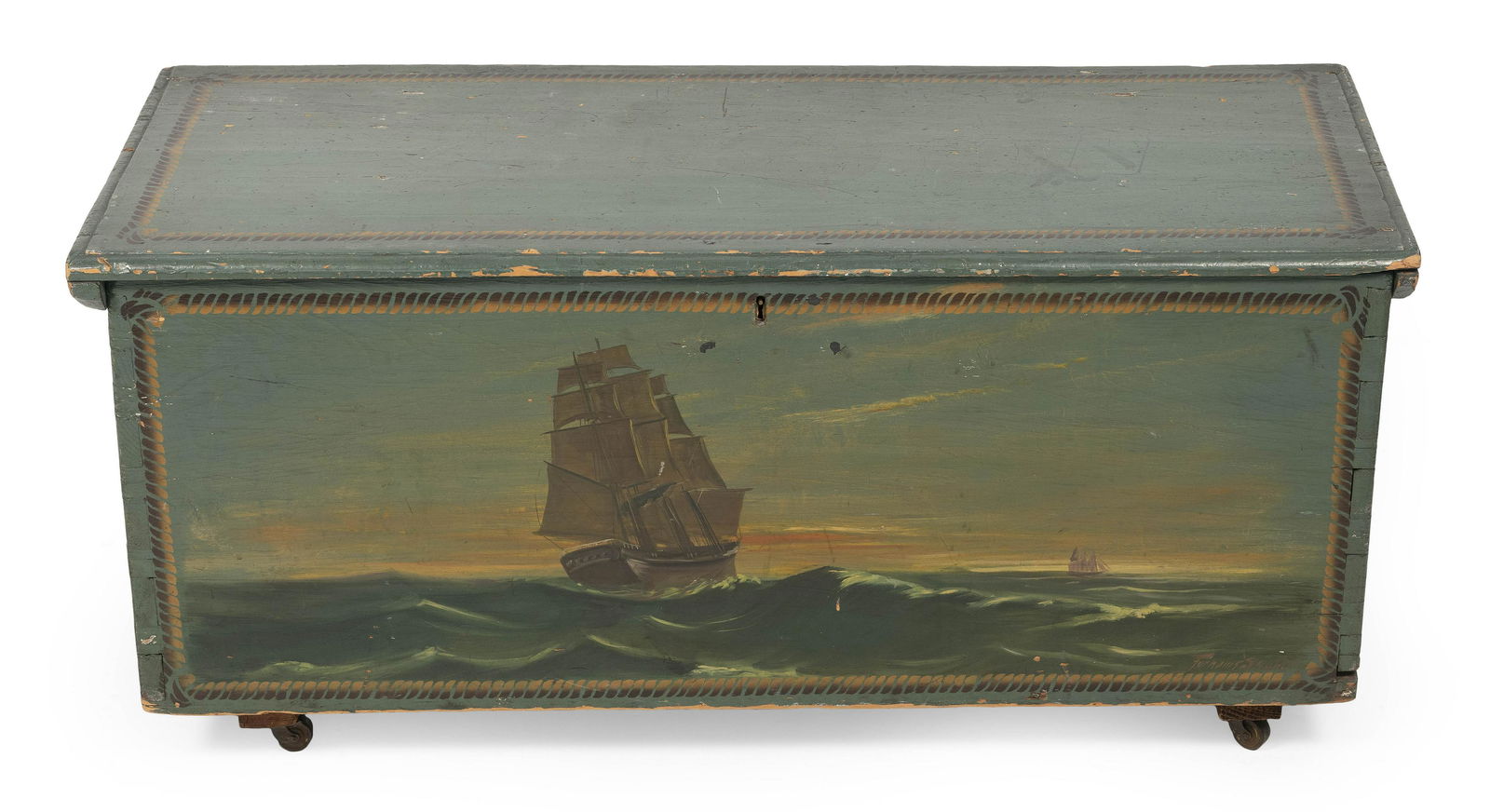 SIX-BOARD SEA CHEST WITH PAINTED DECORATION 19th (1 of 1)