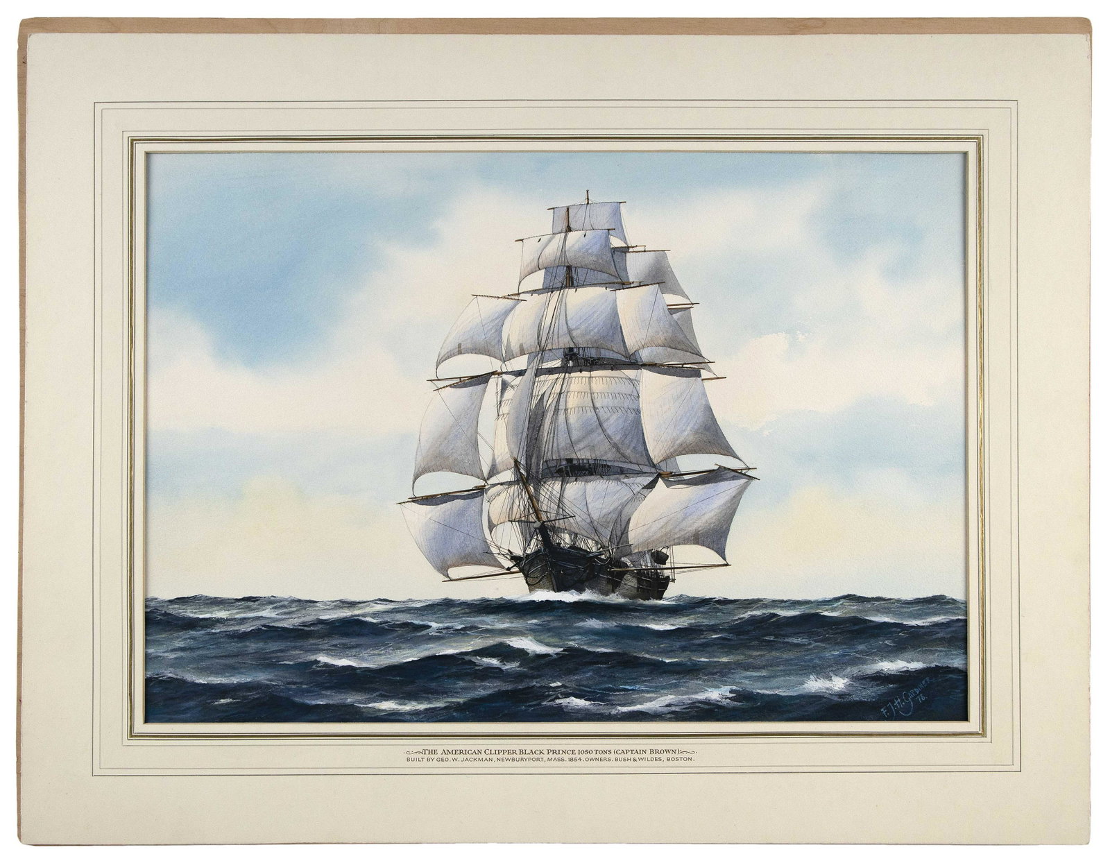 FRANK JOSEPH HENRY GARDINER (United Kingdom, b. 1942),: FRANK JOSEPH HENRY GARDINER United Kingdom b. 1942 "The American Clipper Black Prince". Signed and dated lower right "F.J.H. Gardiner 78". Titled on mat. Watercolor on paper, 15" x 22". Unframed.