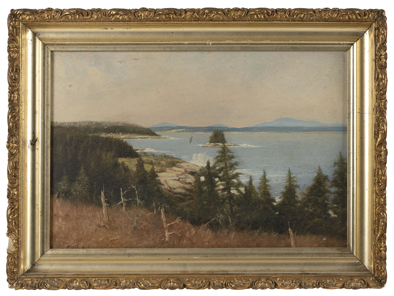 PARKER GAMAGE (Maine, 1882-1960), A mountain lake,: PARKER GAMAGE Maine 1882-1960 A mountain lake, likely Maine. Signed lower left "Parker Gamage". Oil on board, 12" x 18". Framed 16" x 22.5".