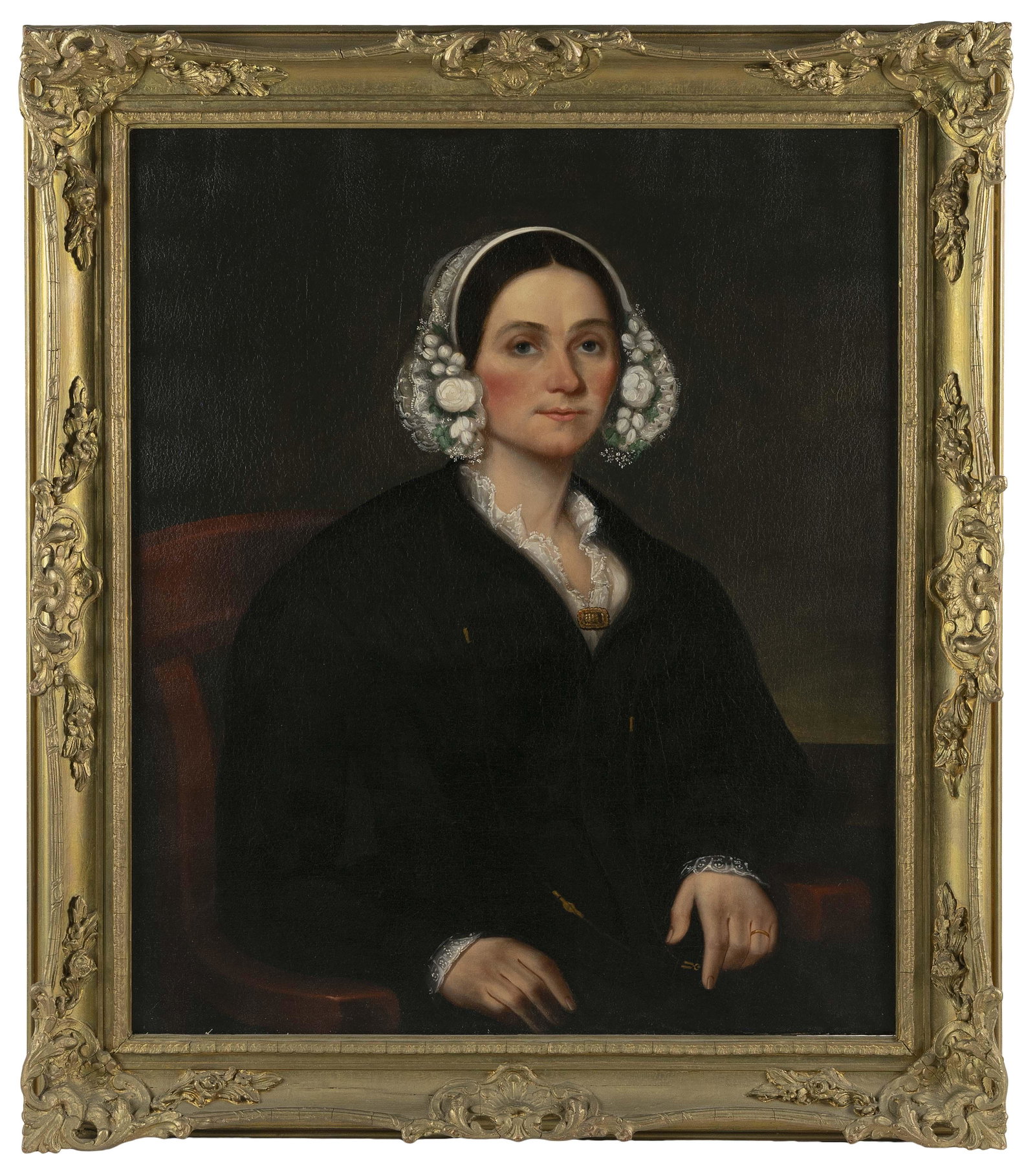 AMERICAN SCHOOL (19th Century,), Half-length portrait: AMERICAN SCHOOL 19th Century Half-length portrait of a seated woman. Unsigned. Oil on canvas, 30" x 25". Framed 37" x 32".