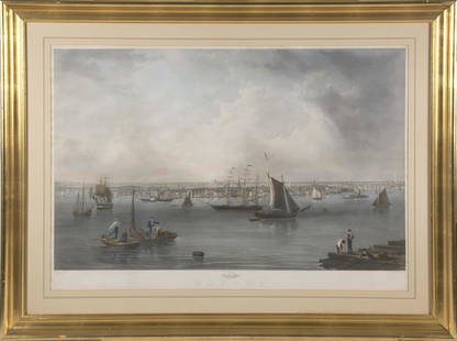 AFTER JOHN WILLIAM HILL (America, 1812-1879), Boston: AFTER JOHN WILLIAM HILL America 1812-1879 Boston Harbor. Engraving by C. Mottram. Published by Smith Brothers Co., New York. Hand-colored engraving on paper, 26.25" x 39". Framed 37" x 49".