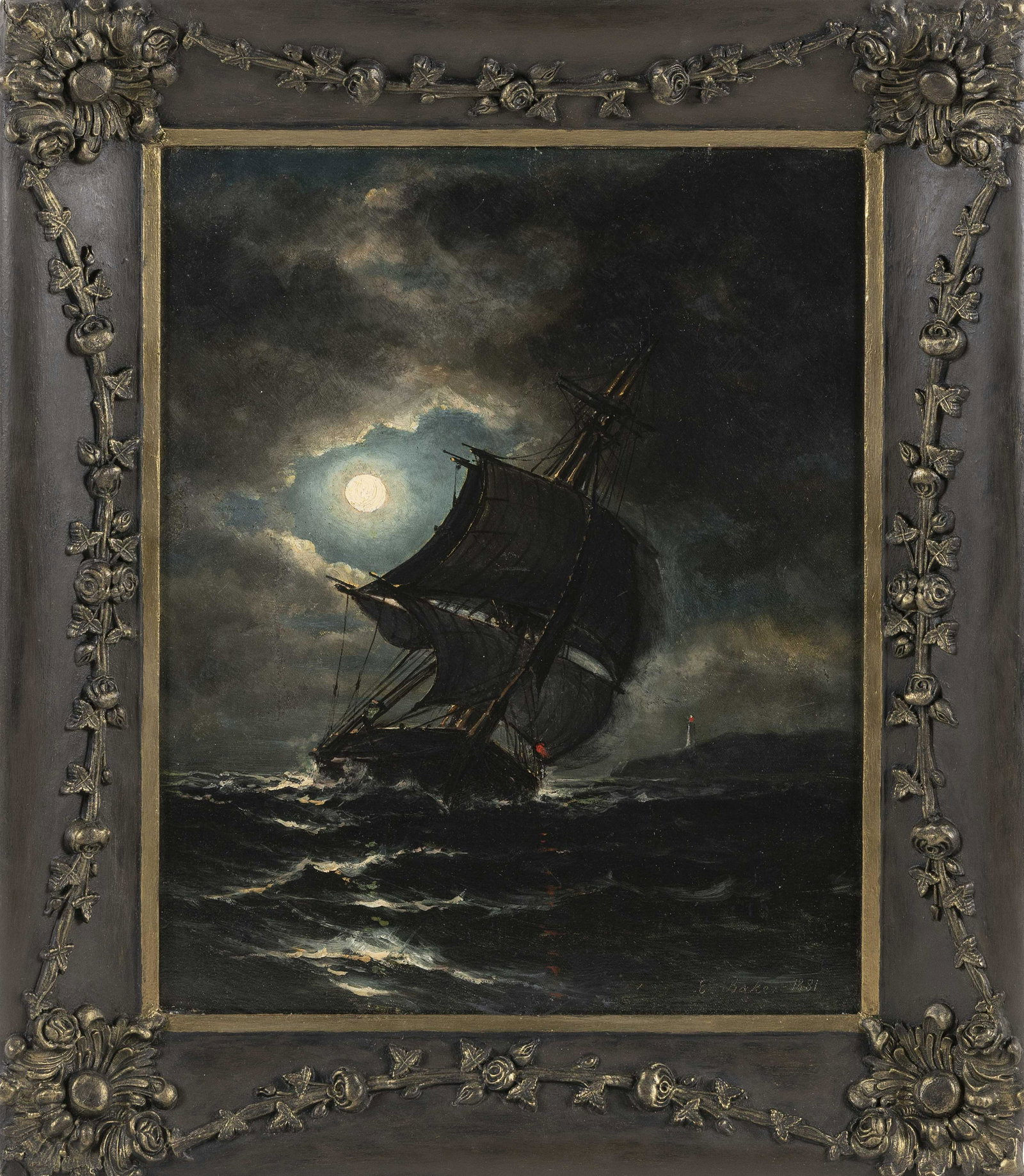 STYLE OF JAMES G. TYLER (America, Late 19th Century), A: STYLE OF JAMES G. TYLER America Late 19th Century A ship under moonlight. Scratched signature "E. Baker" lower right. Signature is not original to the painting. Oil on canvas, 20" x 16". Framed 26" x 