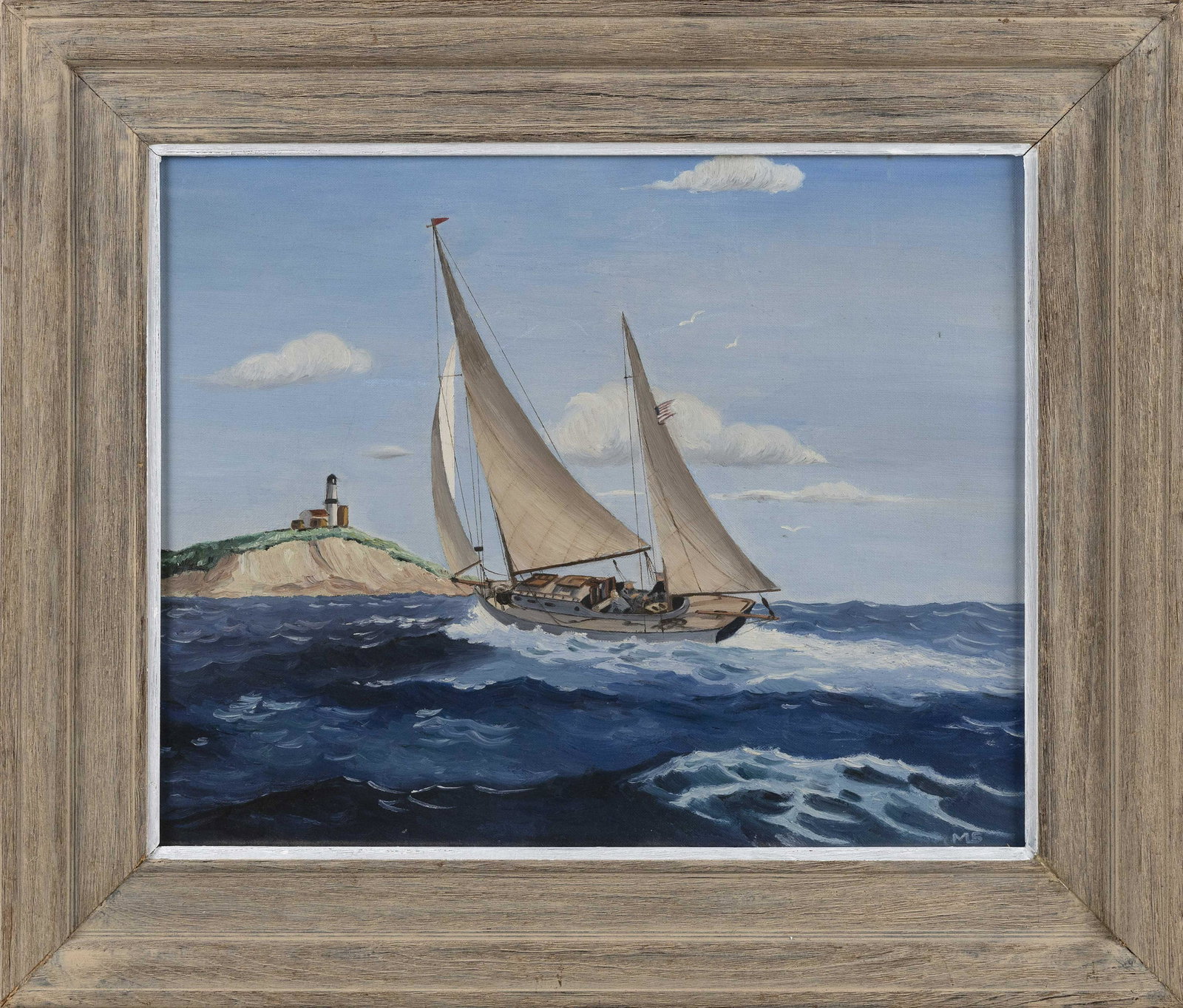 AMERICAN SCHOOL (Dated 1950,), Sailboat off the coast: AMERICAN SCHOOL Dated 1950 Sailboat off the coast near a lighthouse. Initialed lower right “MS”. Oil on board, 14” x 18”. Framed 20.25” x 23.75”.