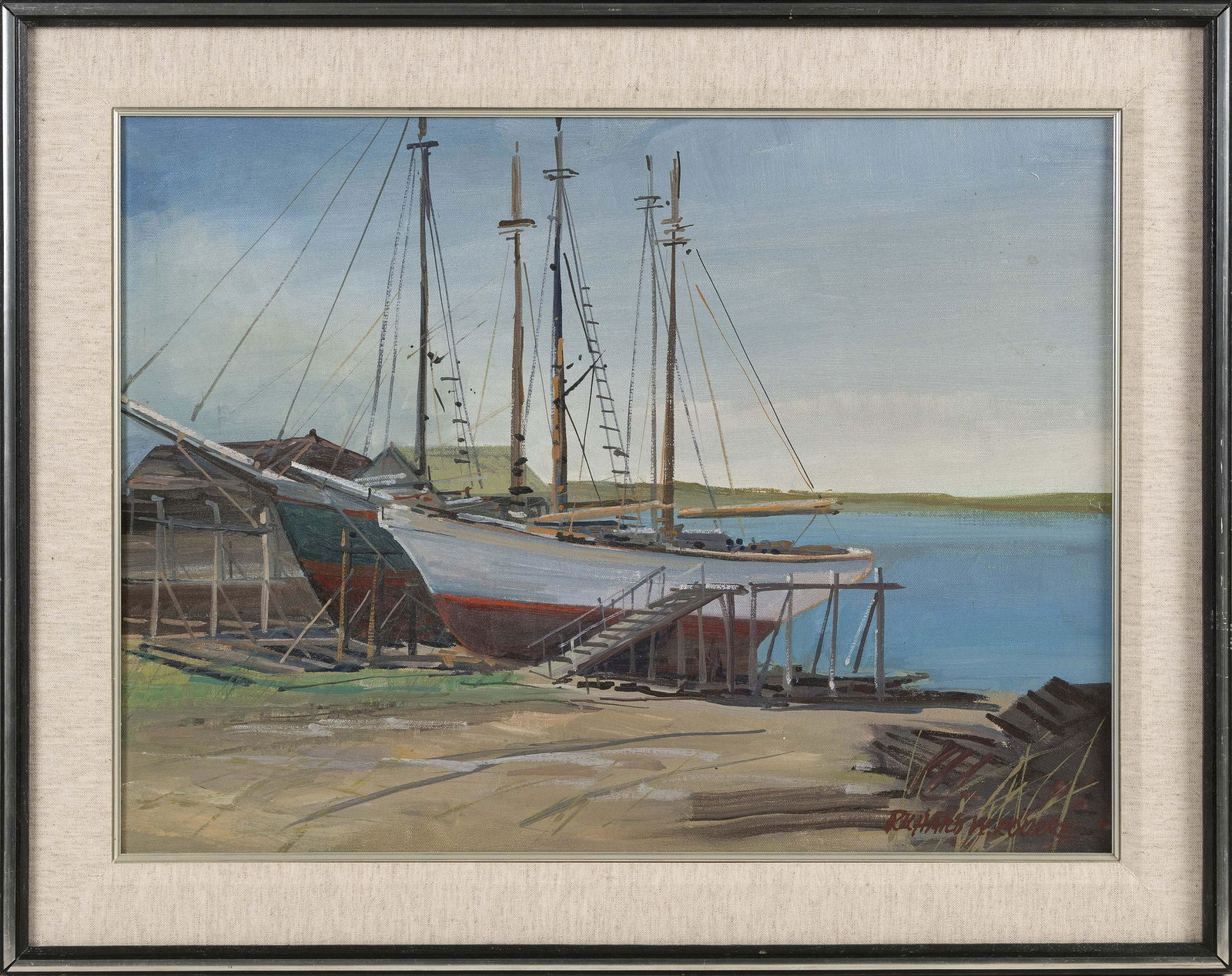 RICHARD W. ROURKE (Massachusetts, 1929-1993), Boats at: RICHARD W. ROURKE Massachusetts 1929-1993 Boats at dry dock. Signed lower right. Oil on canvas, 18” x 24”. Framed 23” x 29”.