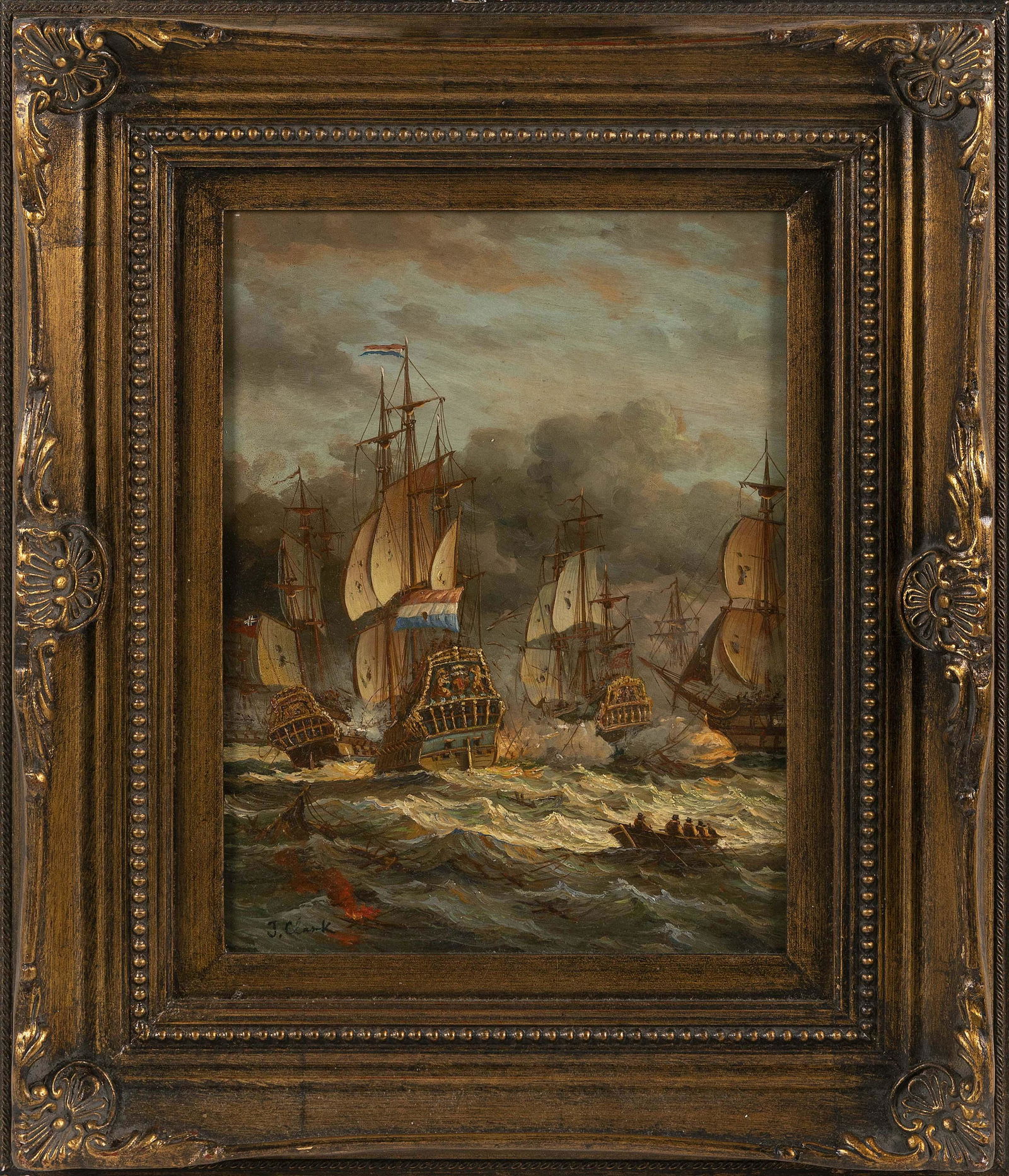 PAINTING OF AN EARLY NAVAL BATTLE SCENE 20th Century (1 of 2)