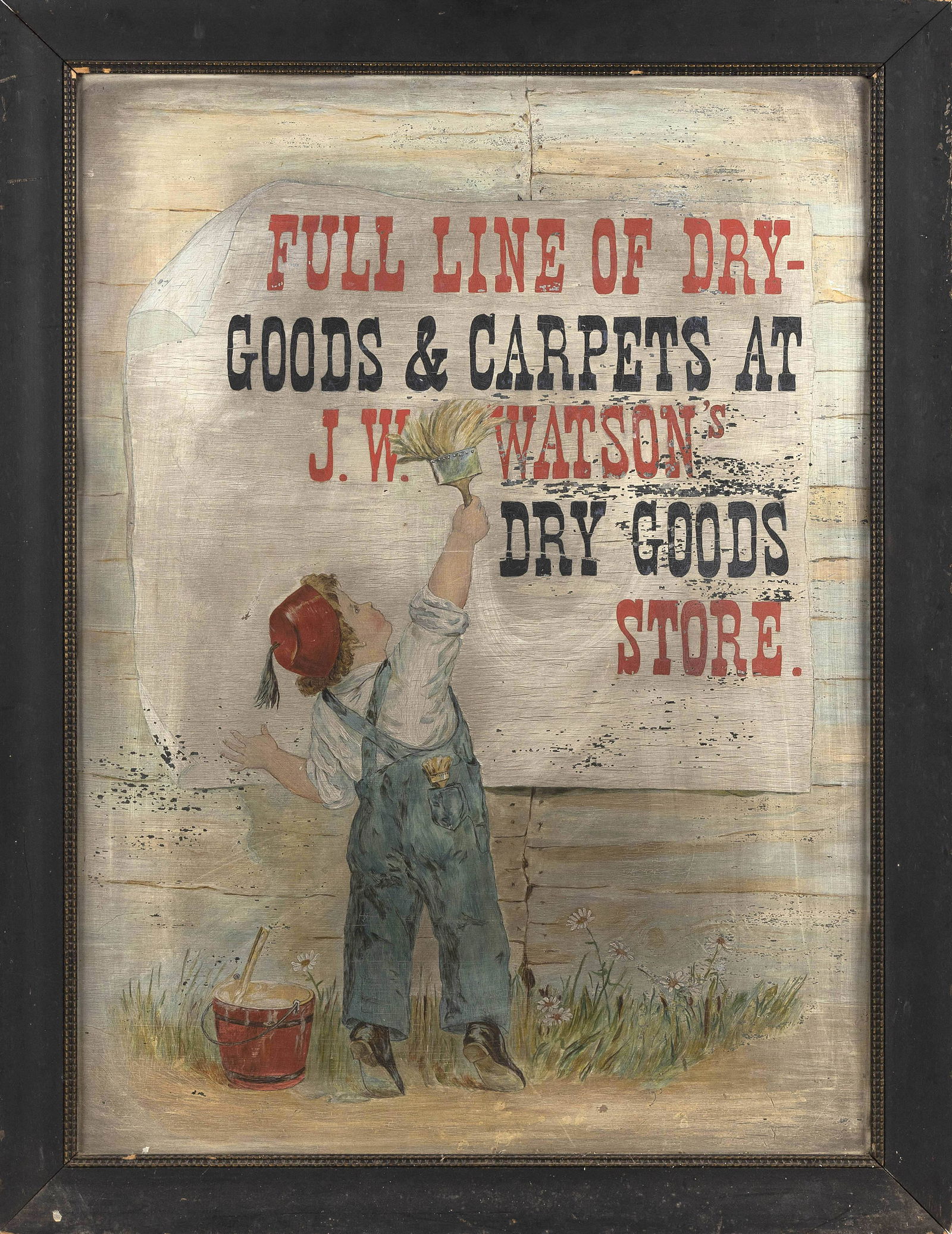 TIN TRADE SIGN America, Early 20th Century 28" x 20.5".: TIN TRADE SIGN America, Early 20th Century "Full Line of Goods & Carpets at J.W. Watson's Dry Goods Store" in red and black lettering over a scene of a boy painting. 28" x 20.5". Framed 32" x 23.5".