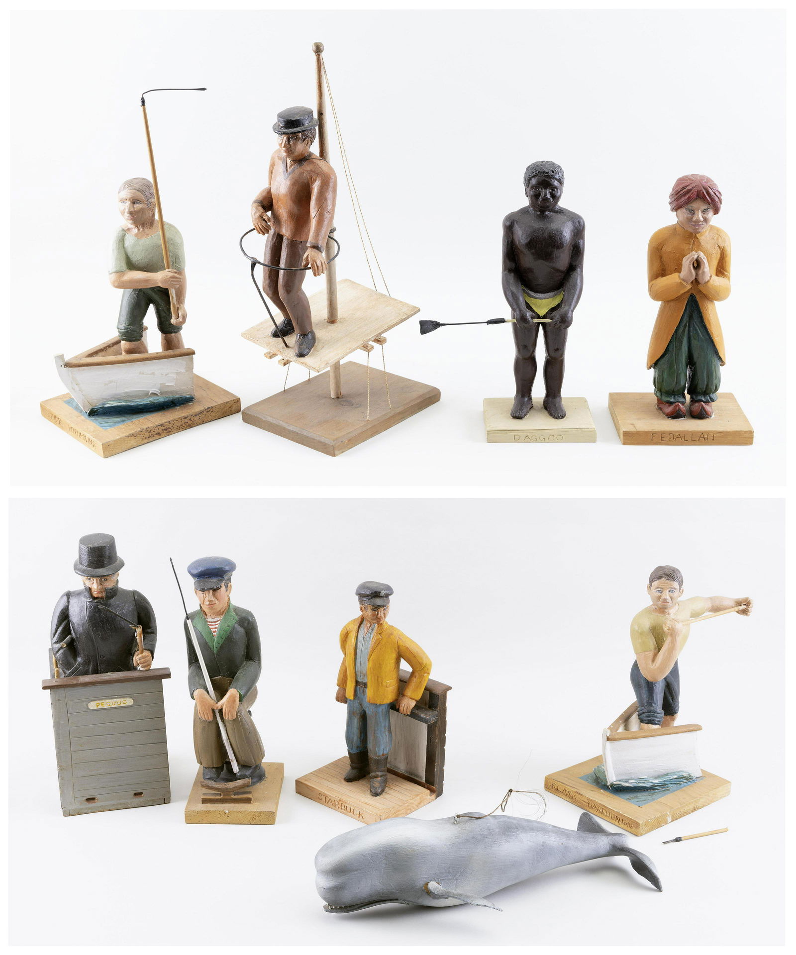 SET OF NINE FOLK ART CARVED WOODEN "MOBY DICK" FIGURES: SET OF NINE FOLK ART CARVED WOODEN "MOBY DICK" FIGURES 20th Century Catain Ahab, Starbuck, Fedallah, Daggoo, etc. Unsigned. Figure heights approx. 12.5”. Whale length 16”.