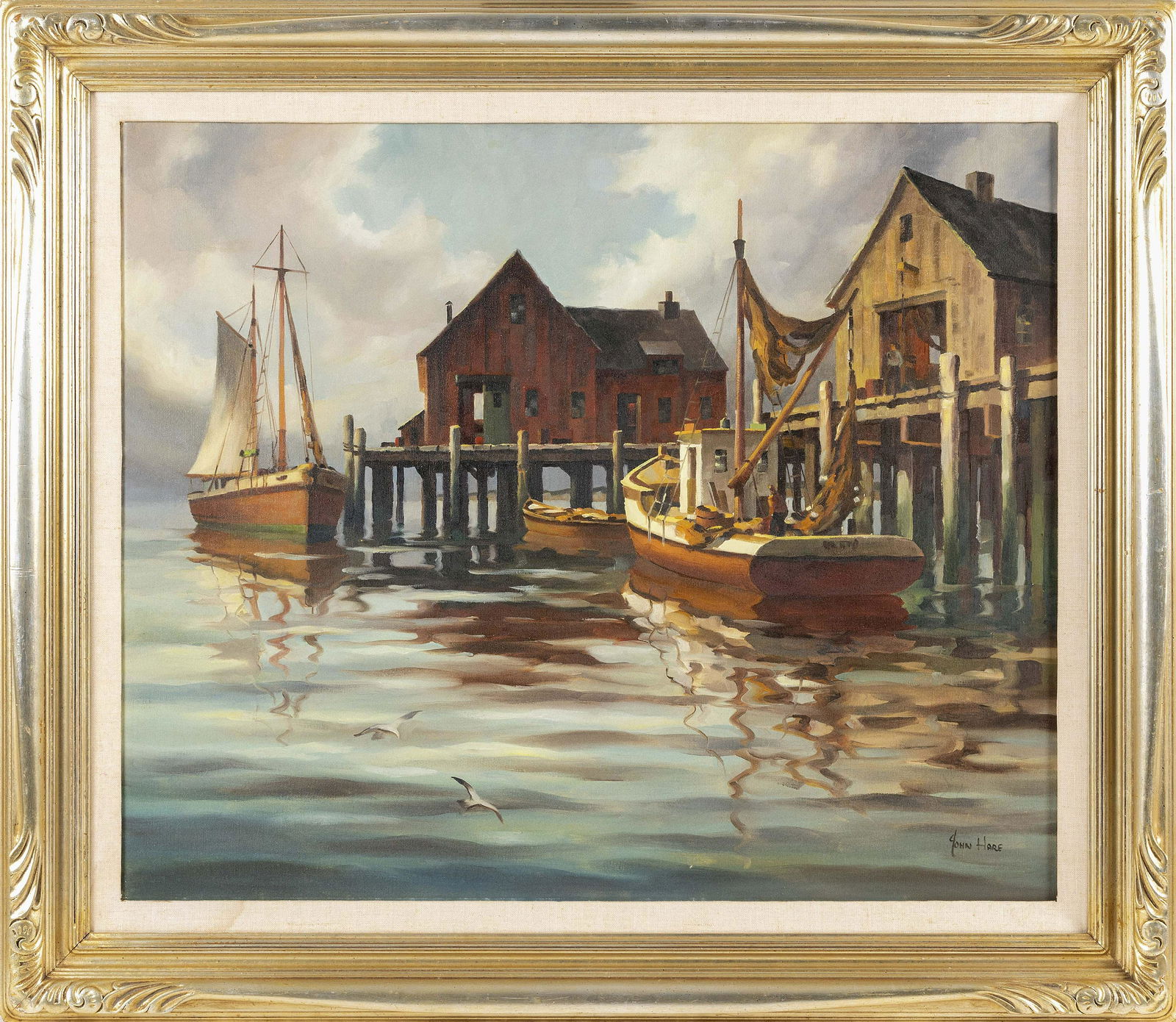 JOHN CUTHBERT HARE (Massachusetts/Florida, 1908-1978),: JOHN CUTHBERT HARE Massachusetts/Florida 1908-1978 Harbor pier. Signed lower right "John Hare". Housed in a Husar of Chicago frame. Oil on canvas, 25" x 30". Framed 32" x 37".