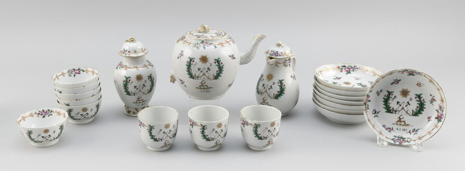 CHINESE EXPORT FAMILLE ROSE PORCELAIN PARTIAL TEA SET WITH MASONIC DECORATION Mid-19th Century (1 of 2)